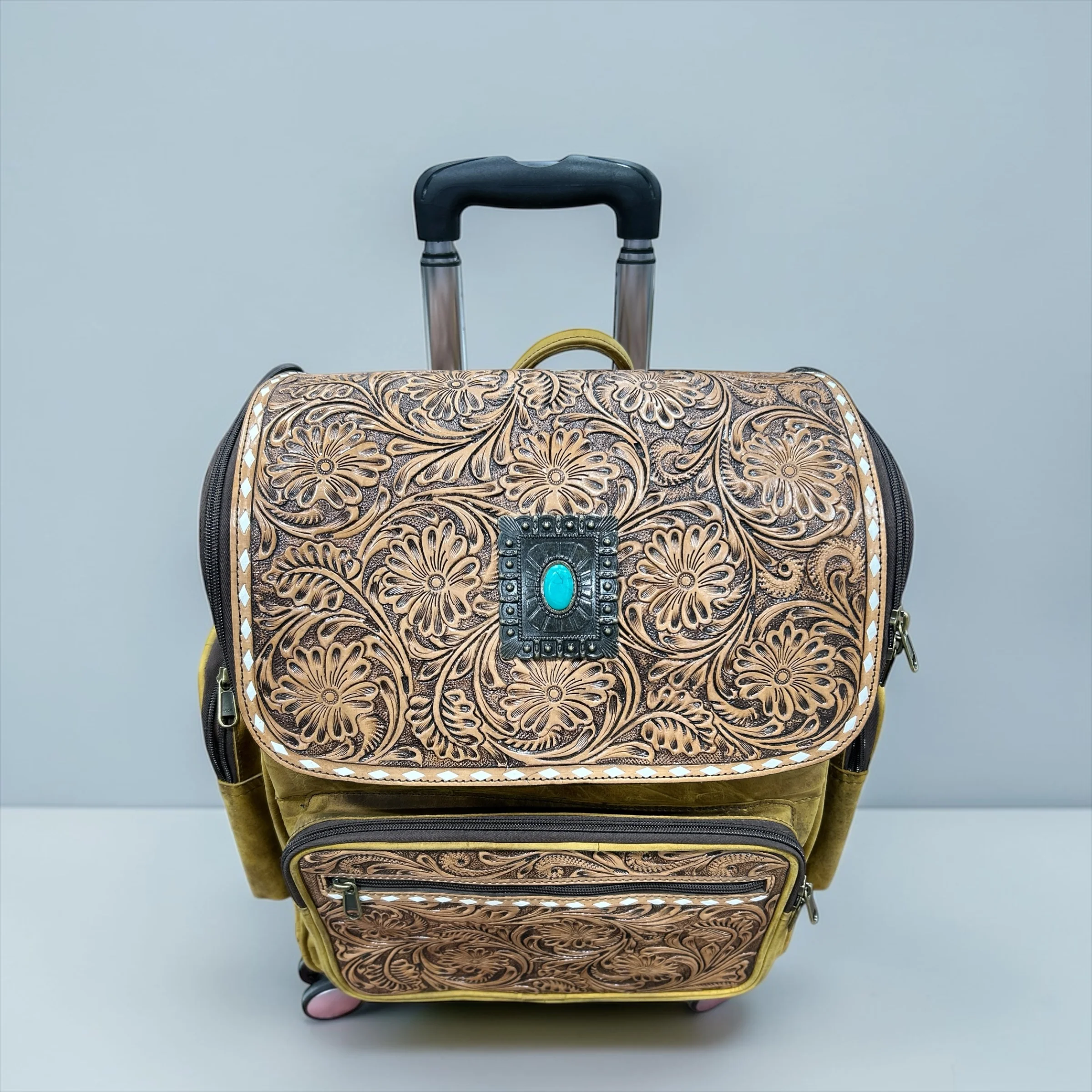 All leather floral tooled leather rolling backpack - Image 3