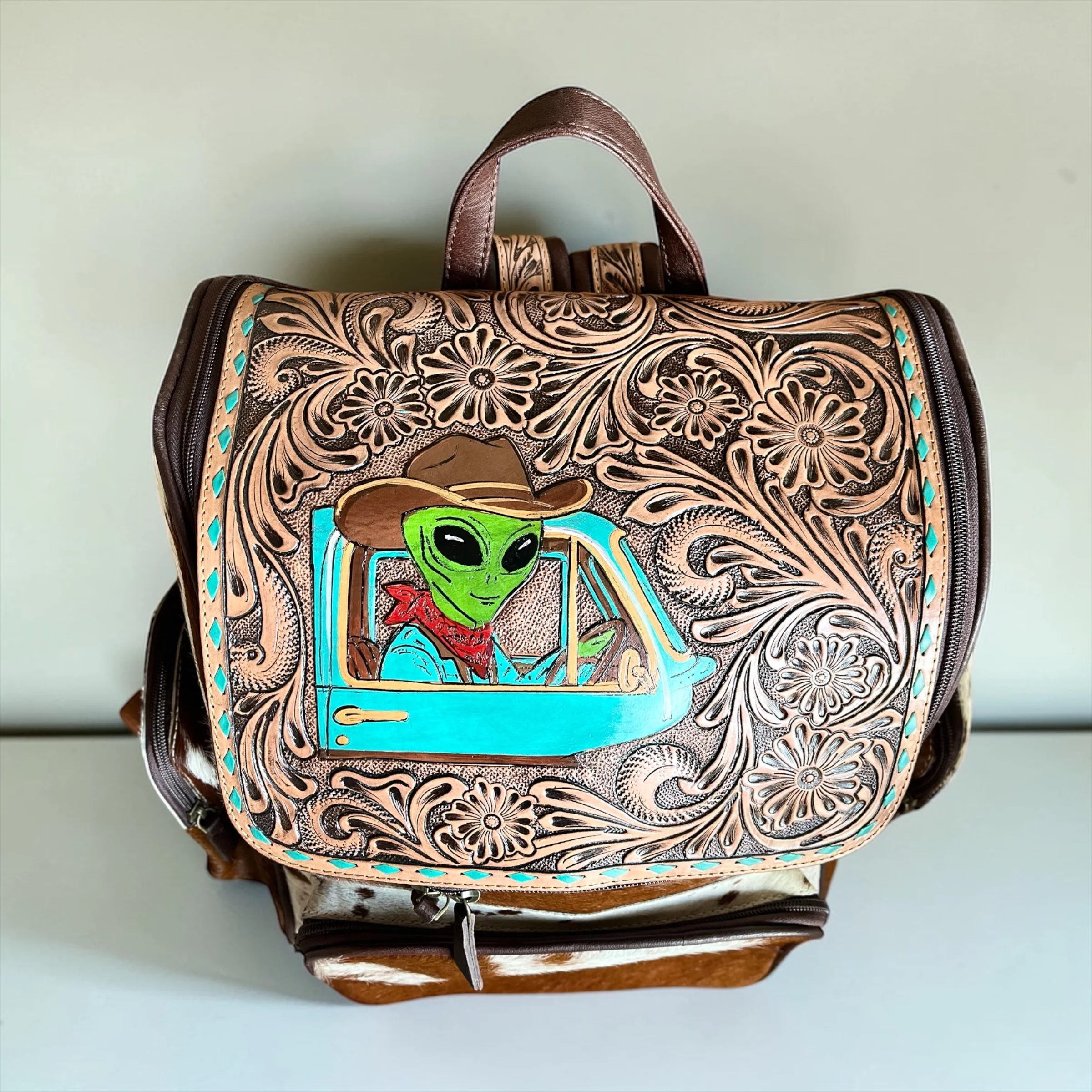Area 51 tooled leather & cowhide backpack - Image 3