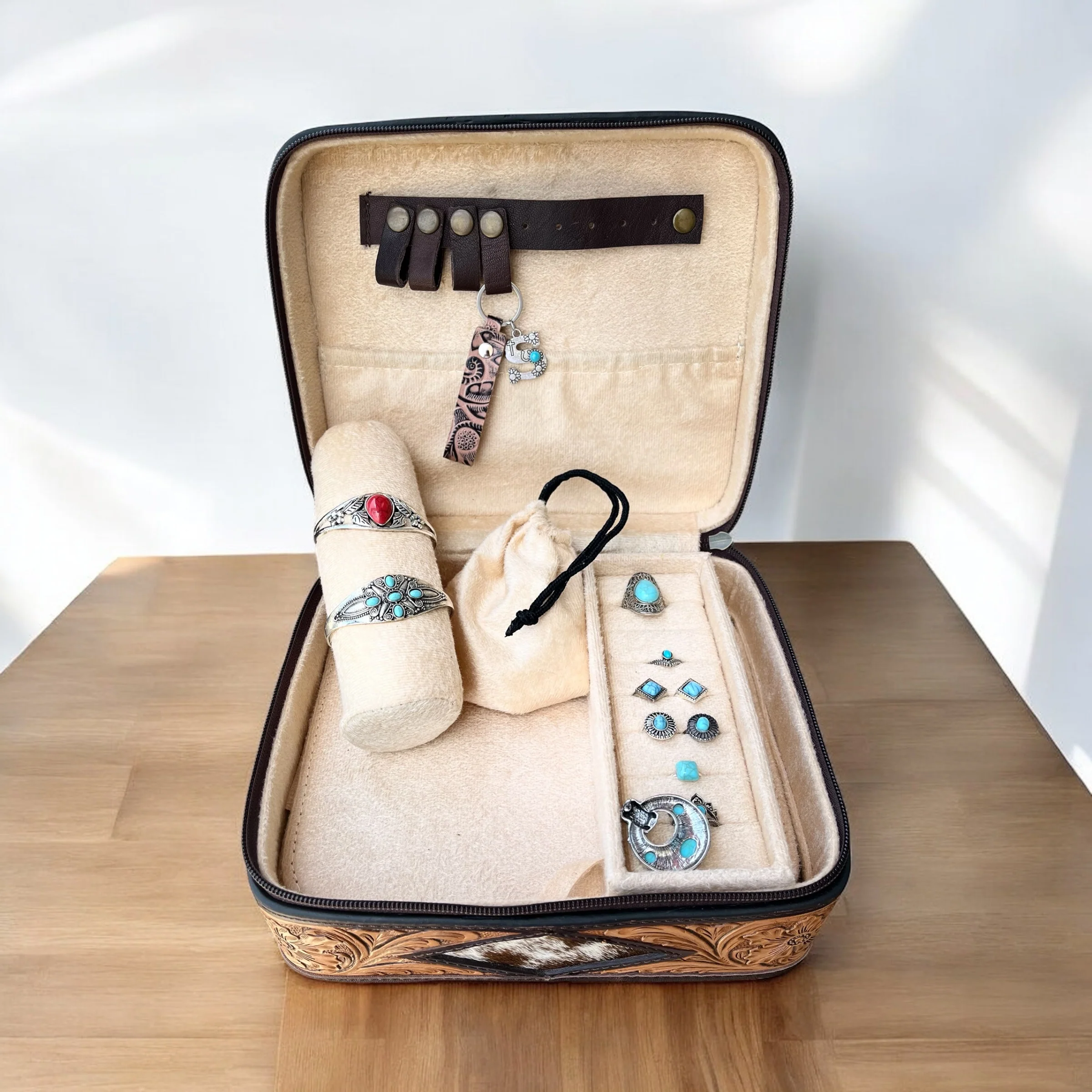 Black BootStitch suede & tooled leather jewelry box - Image 4