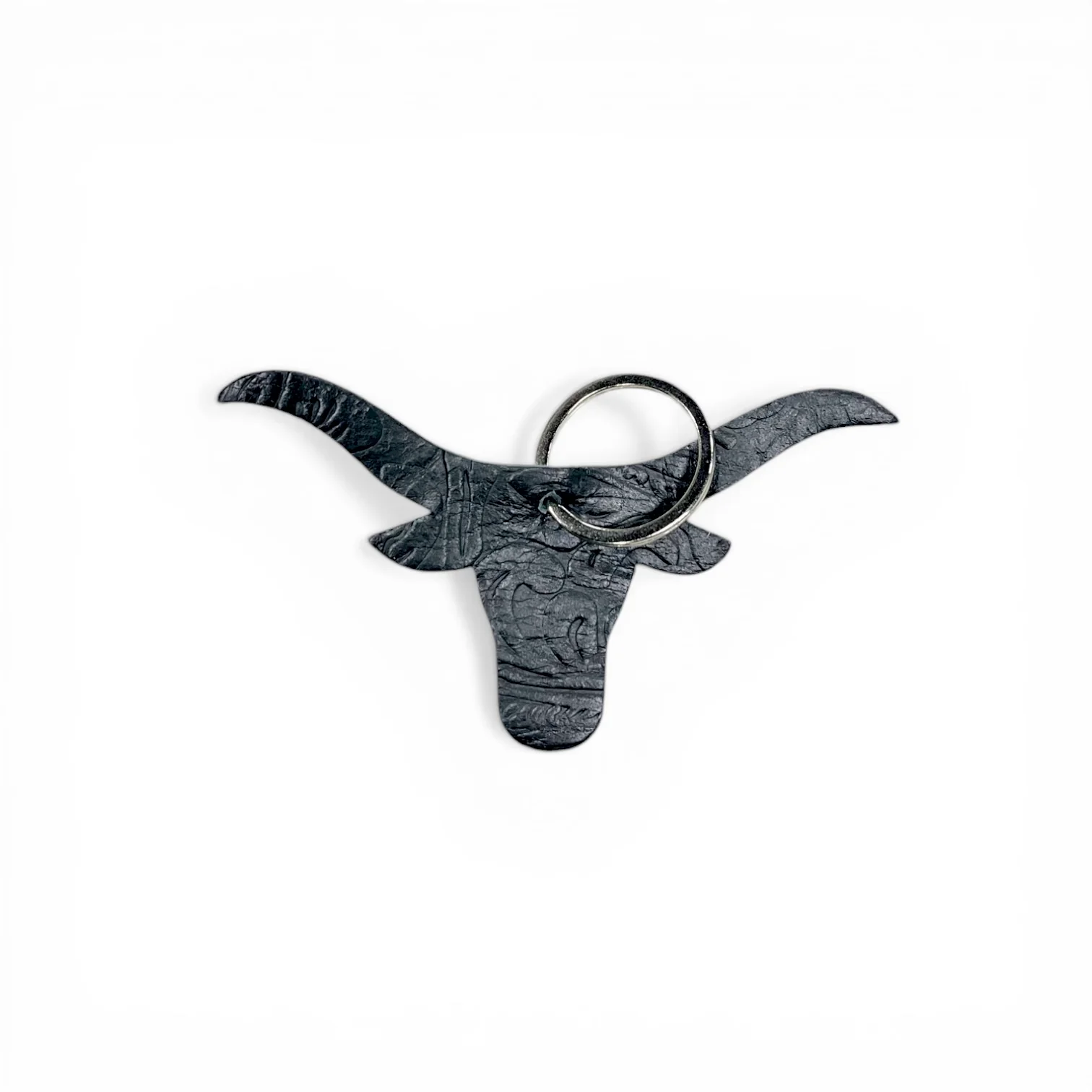 Black longhorn embossed leather Keychain