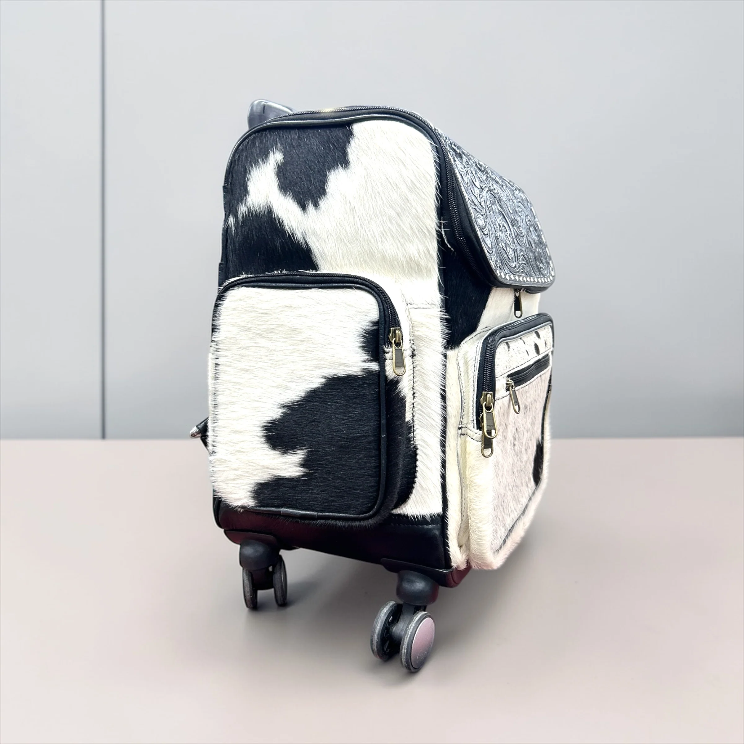 Black tooled leather & cowhide rolling backpack - Image 2