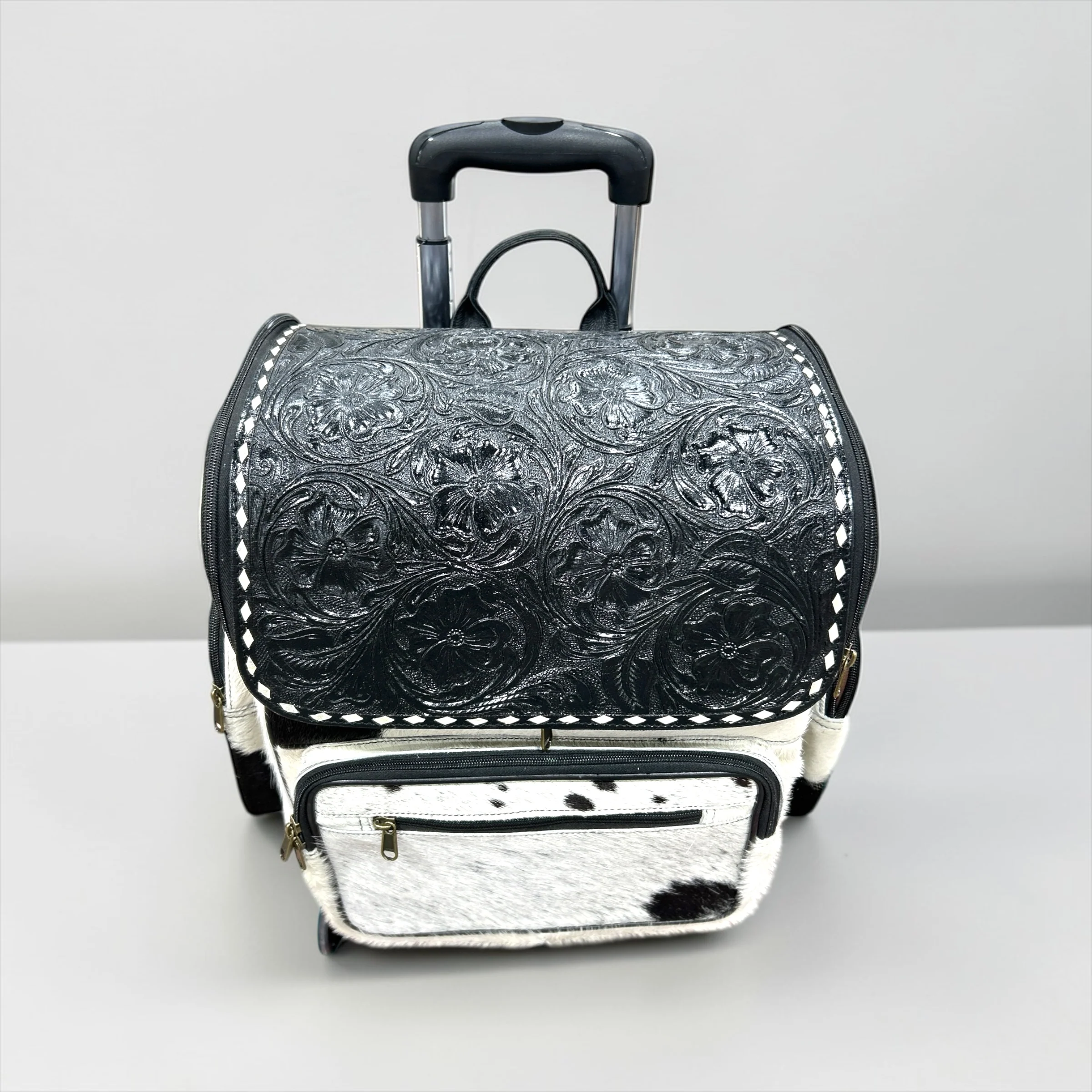 Black tooled leather & cowhide rolling backpack - Image 3