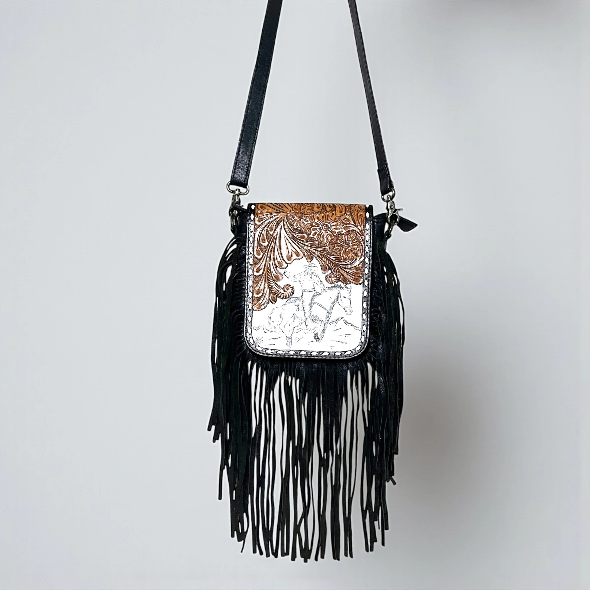 Black tooled leather fringe crossbody bag