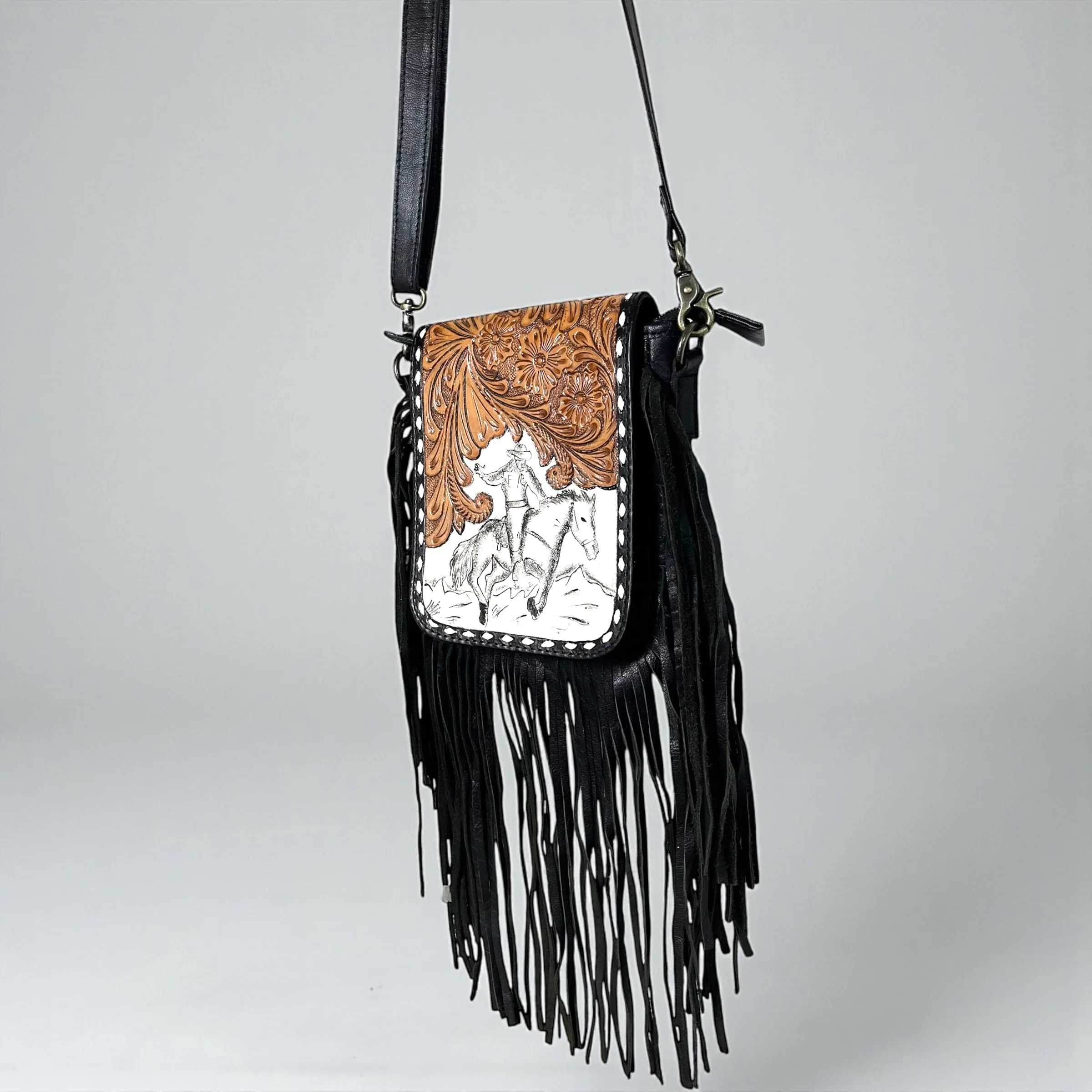 Black tooled leather fringe crossbody bag - Image 2