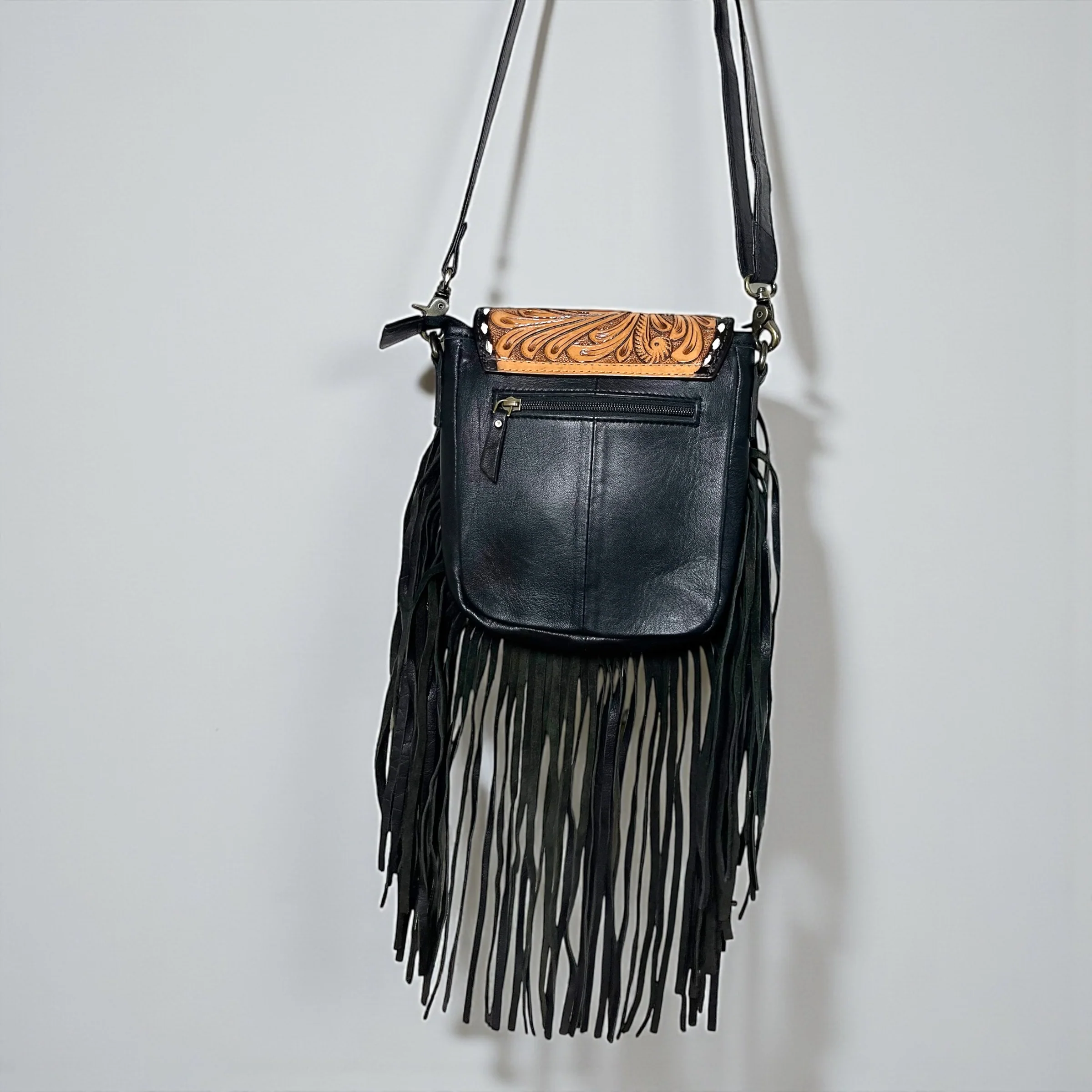 Black tooled leather fringe crossbody bag - Image 3