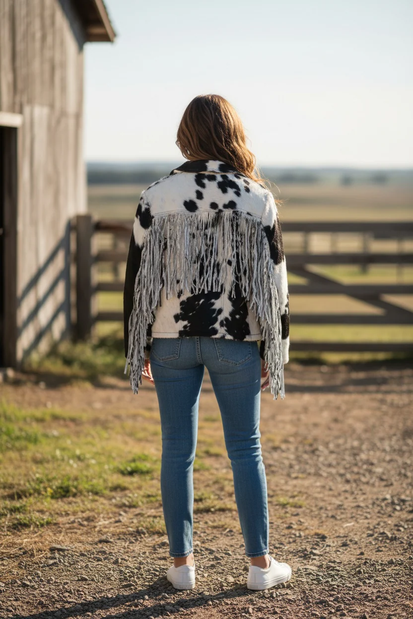 Black/white cowhide fringe jacket (xl) - Image 2