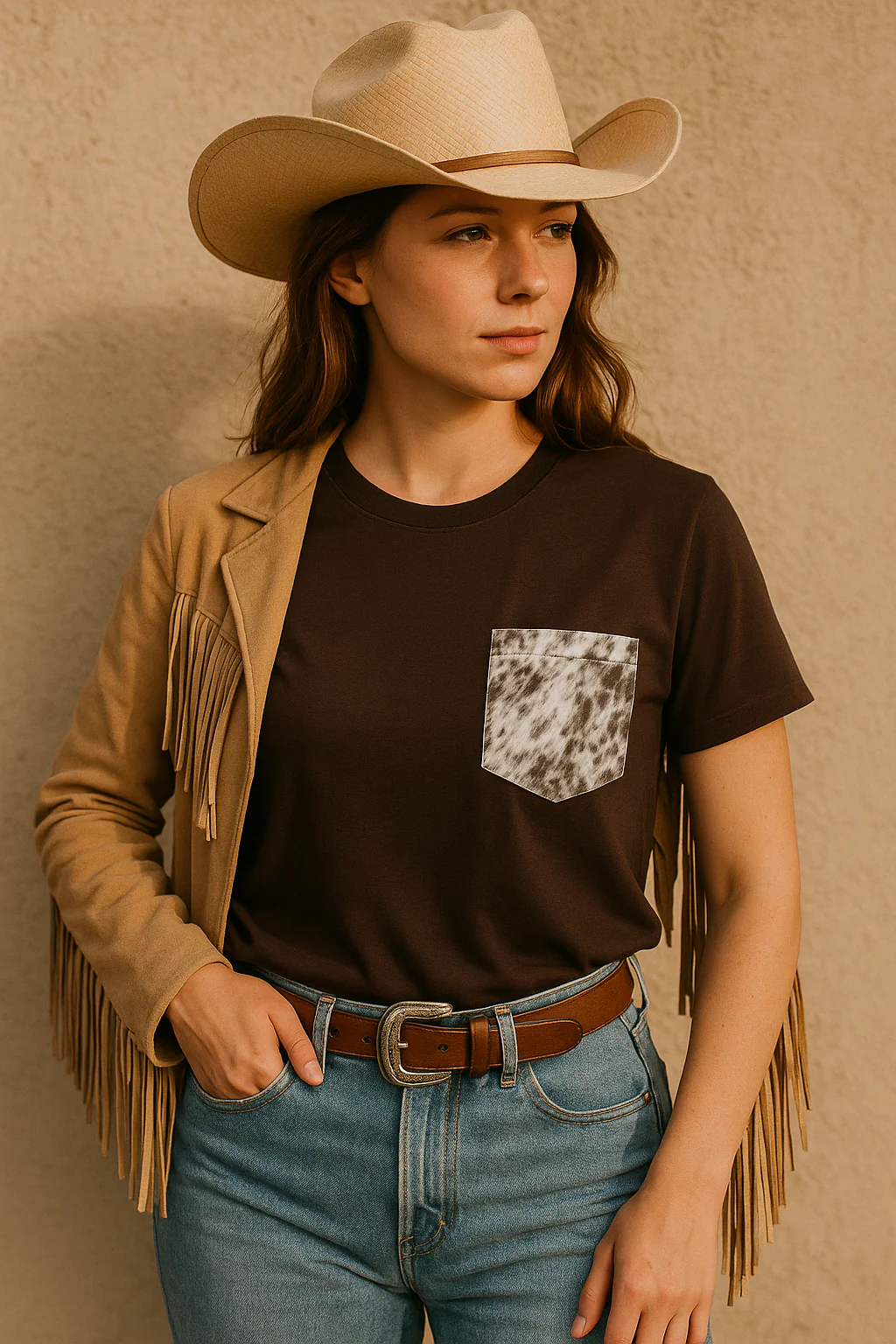 Brown T-shirt with cowhide pocket - Image 2
