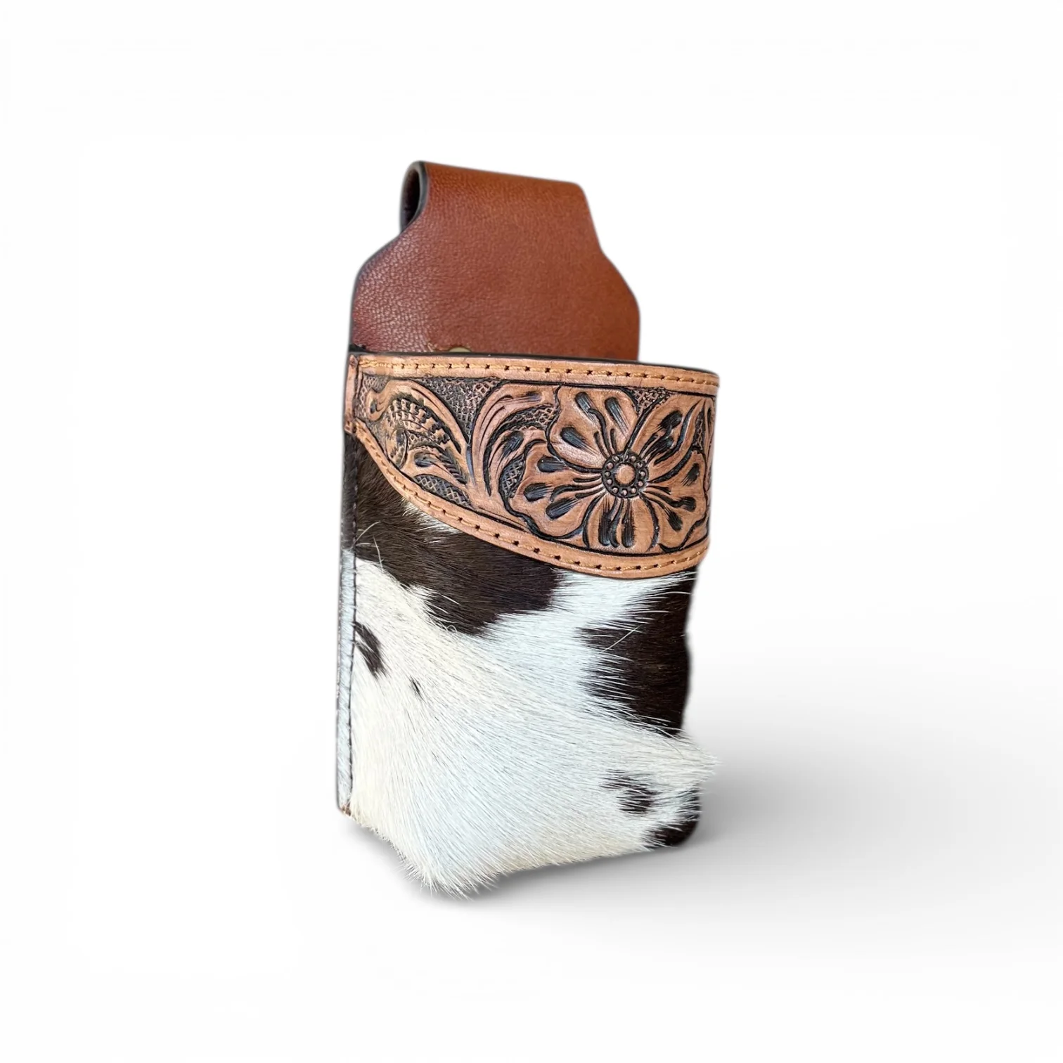 Brown Tooled leather & cowhide bottle holder