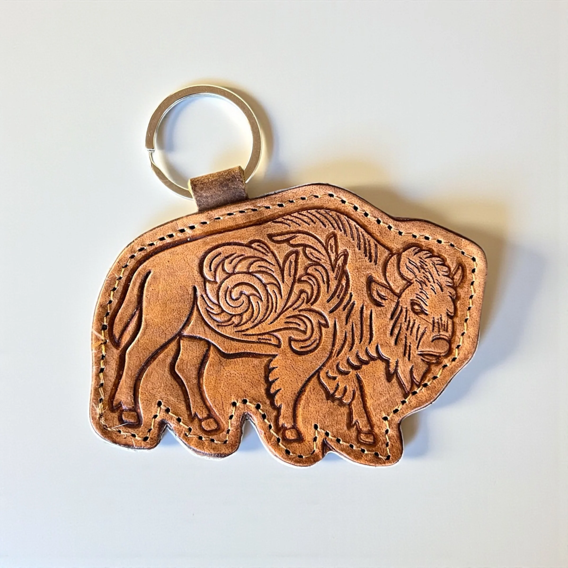 Buffalo tooled leather keychain