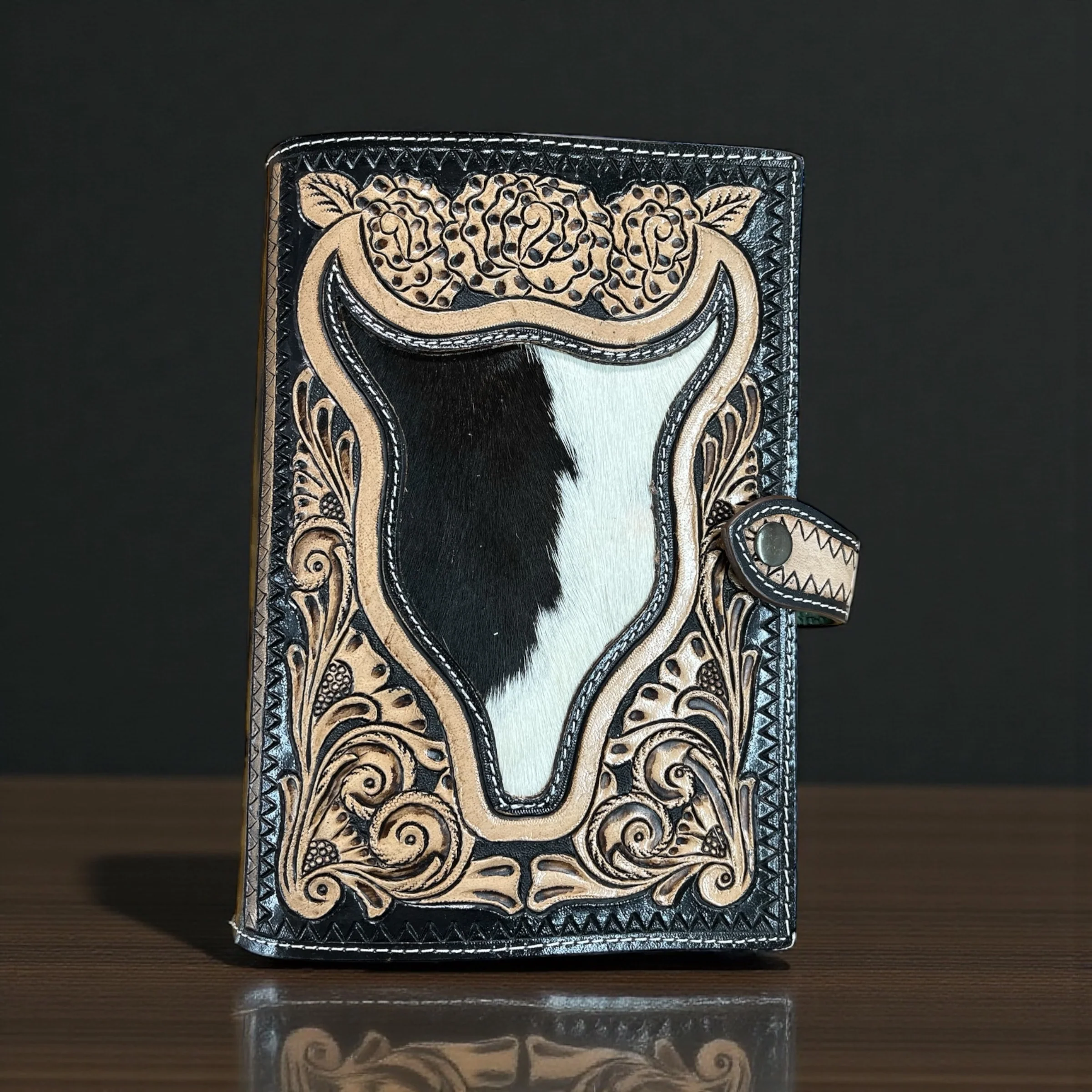 Bull cowhide & tooled leather bible cover