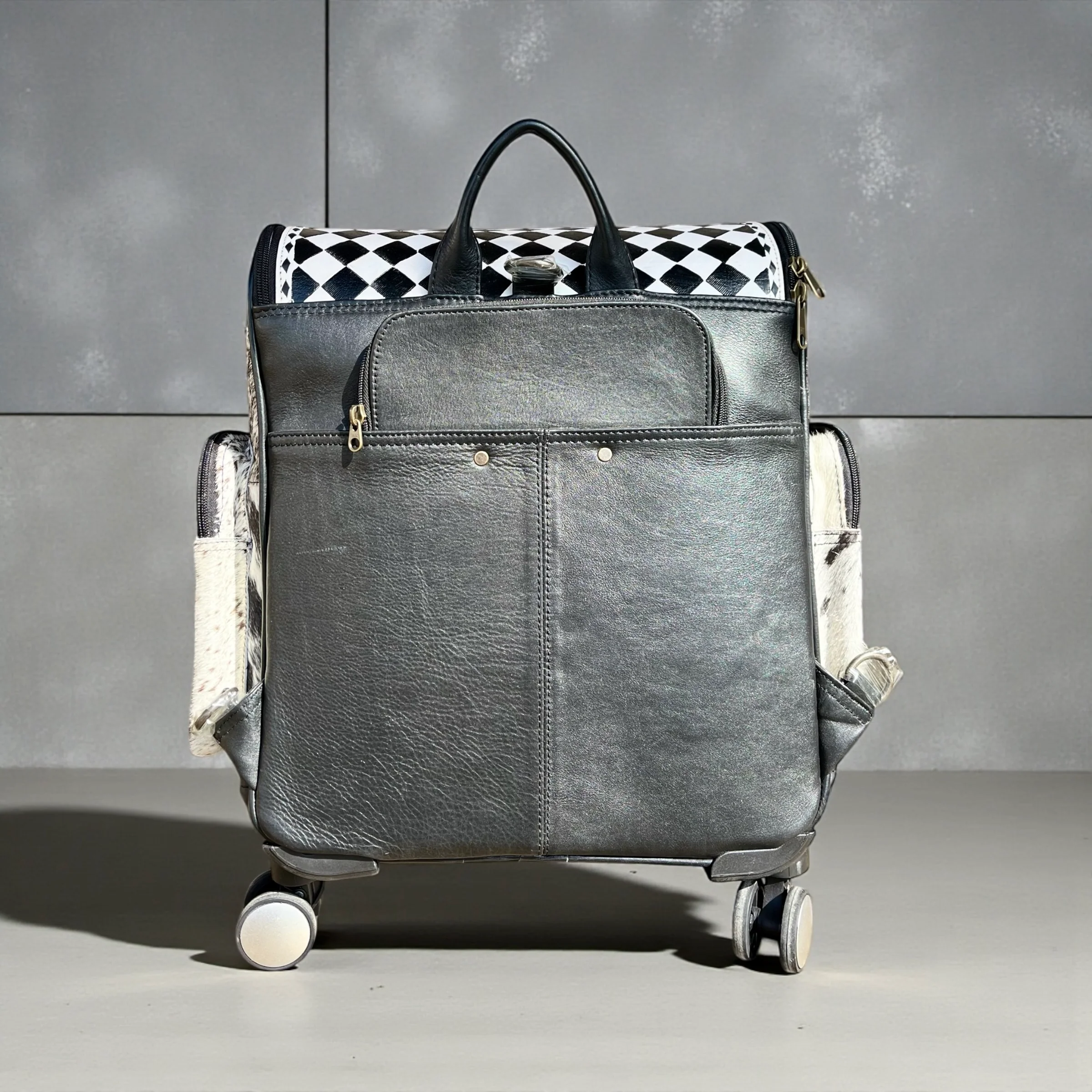 Checker leather & cowhide rolling backpack - Image 3