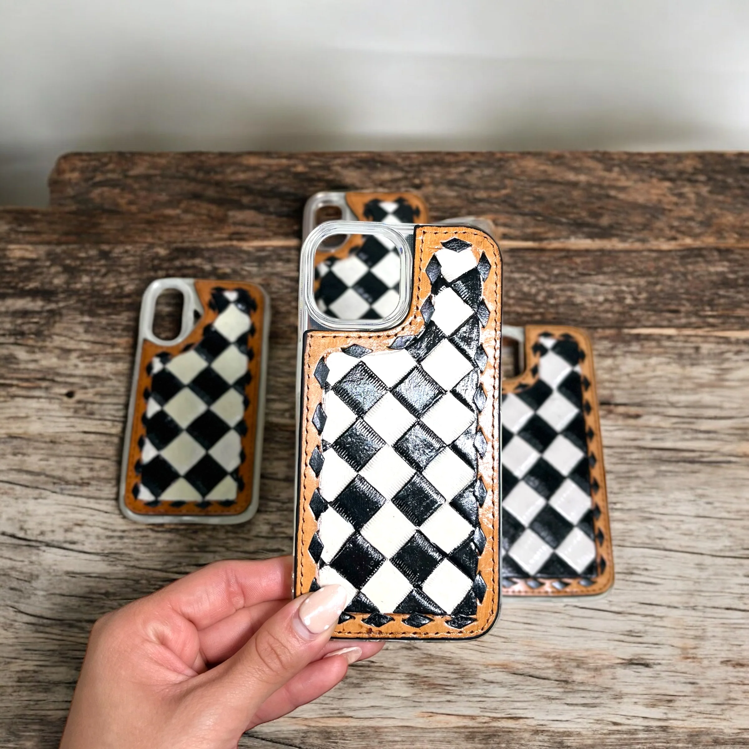 Checker tooled leather iPhone cases