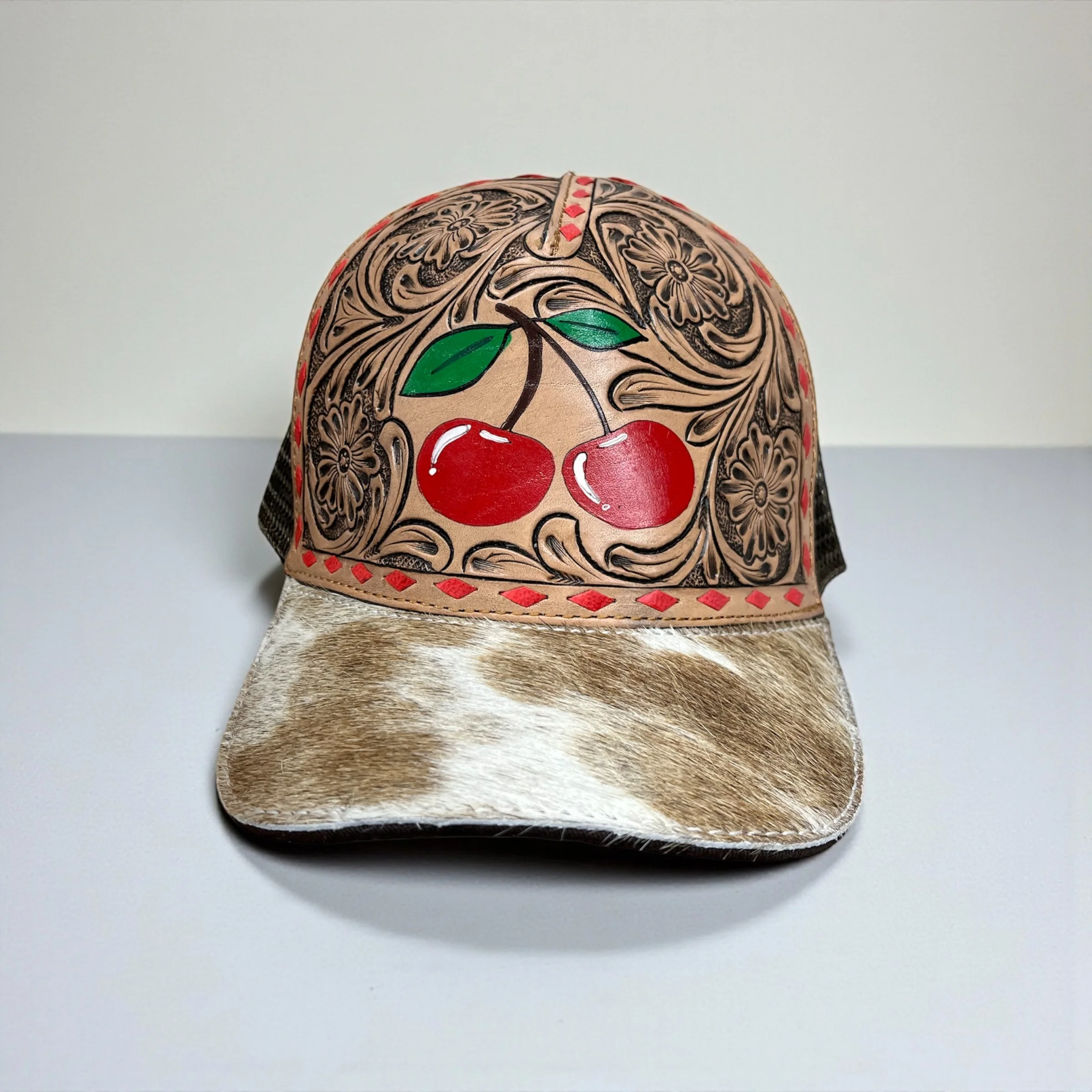 Cherry tooled leather & cowhide cap