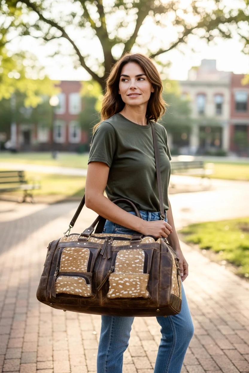 Deer cowhide & leather duffle bag - Image 4