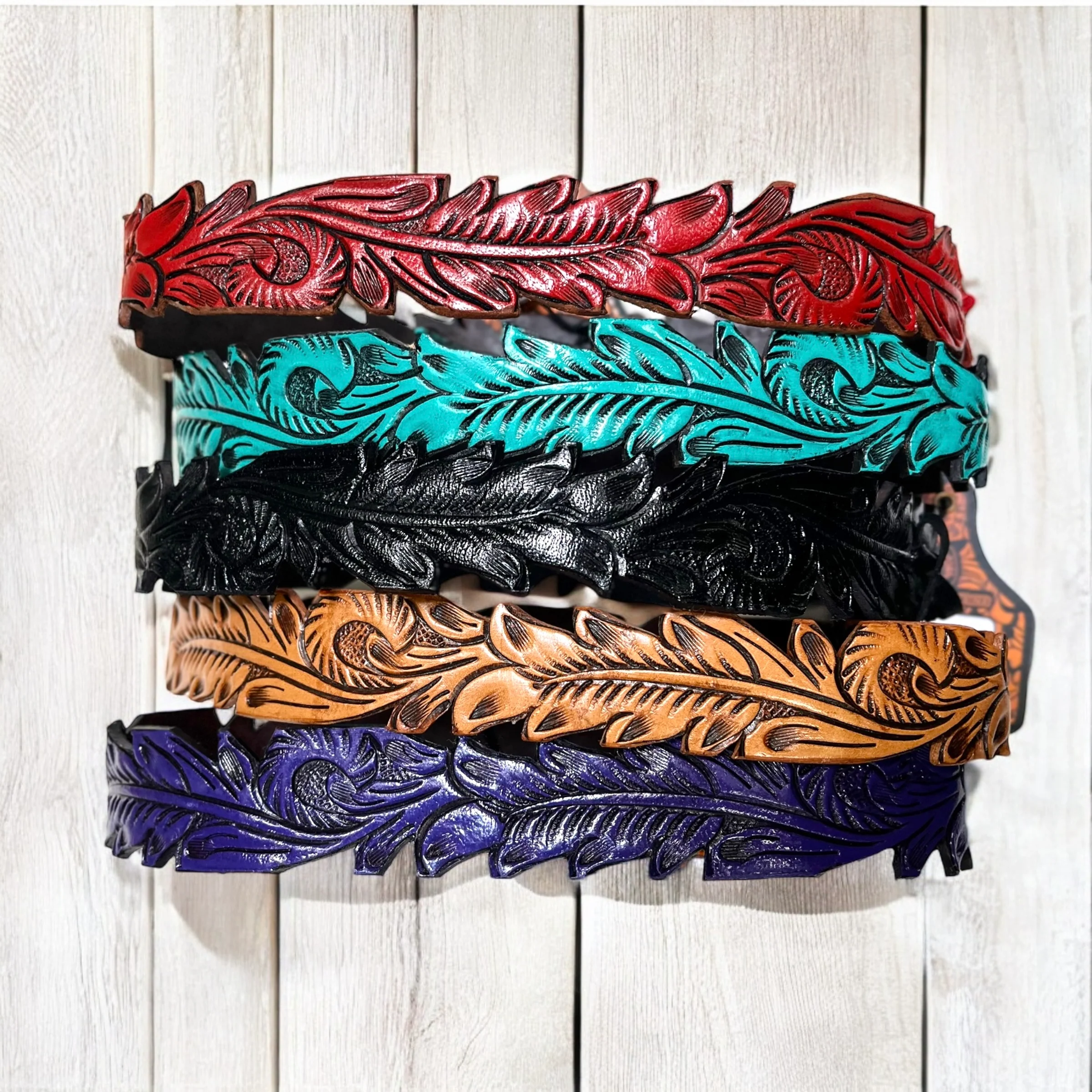 Feather tooled leather hat band