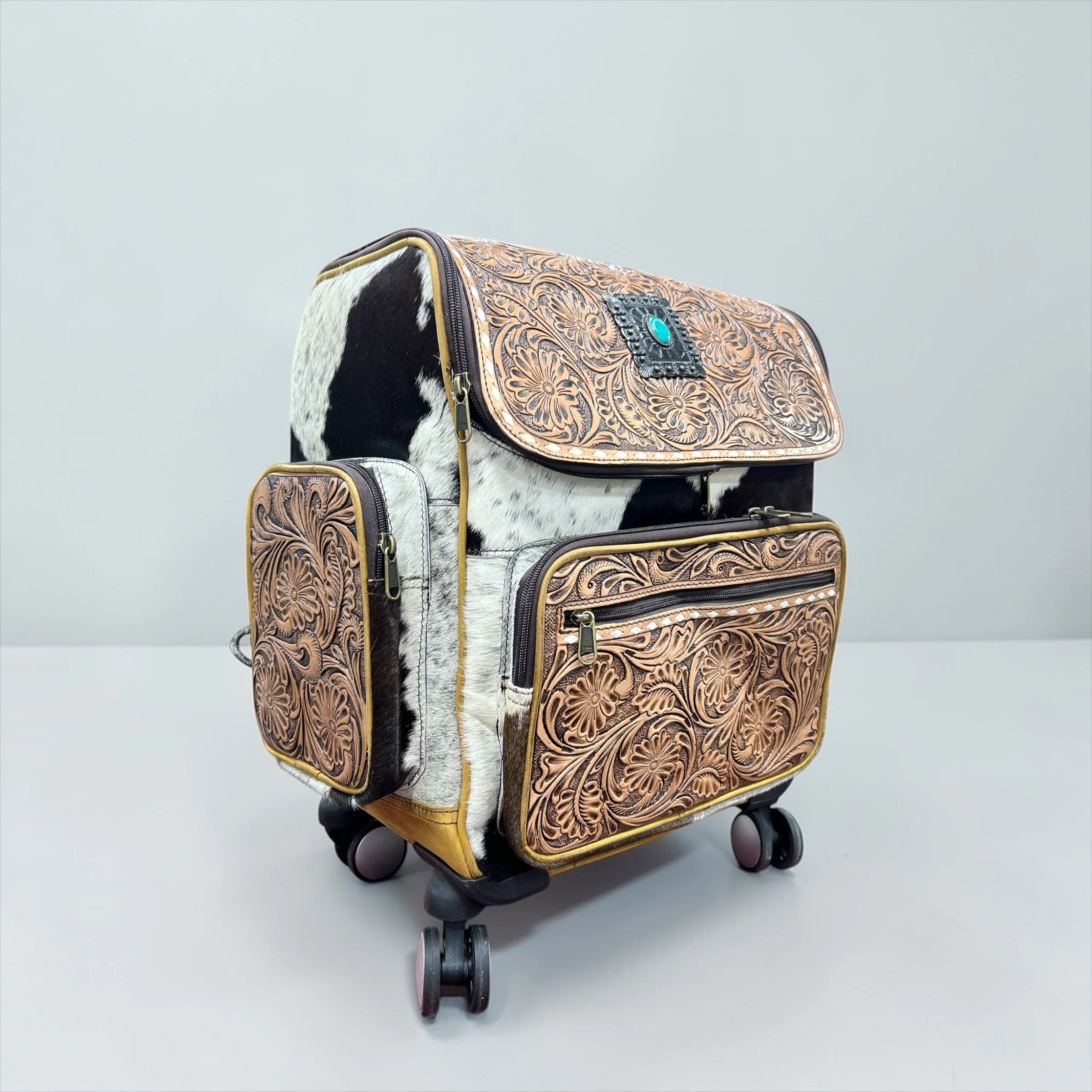 Floral Concho tooled leather & cowhide rolling backpack - Image 2