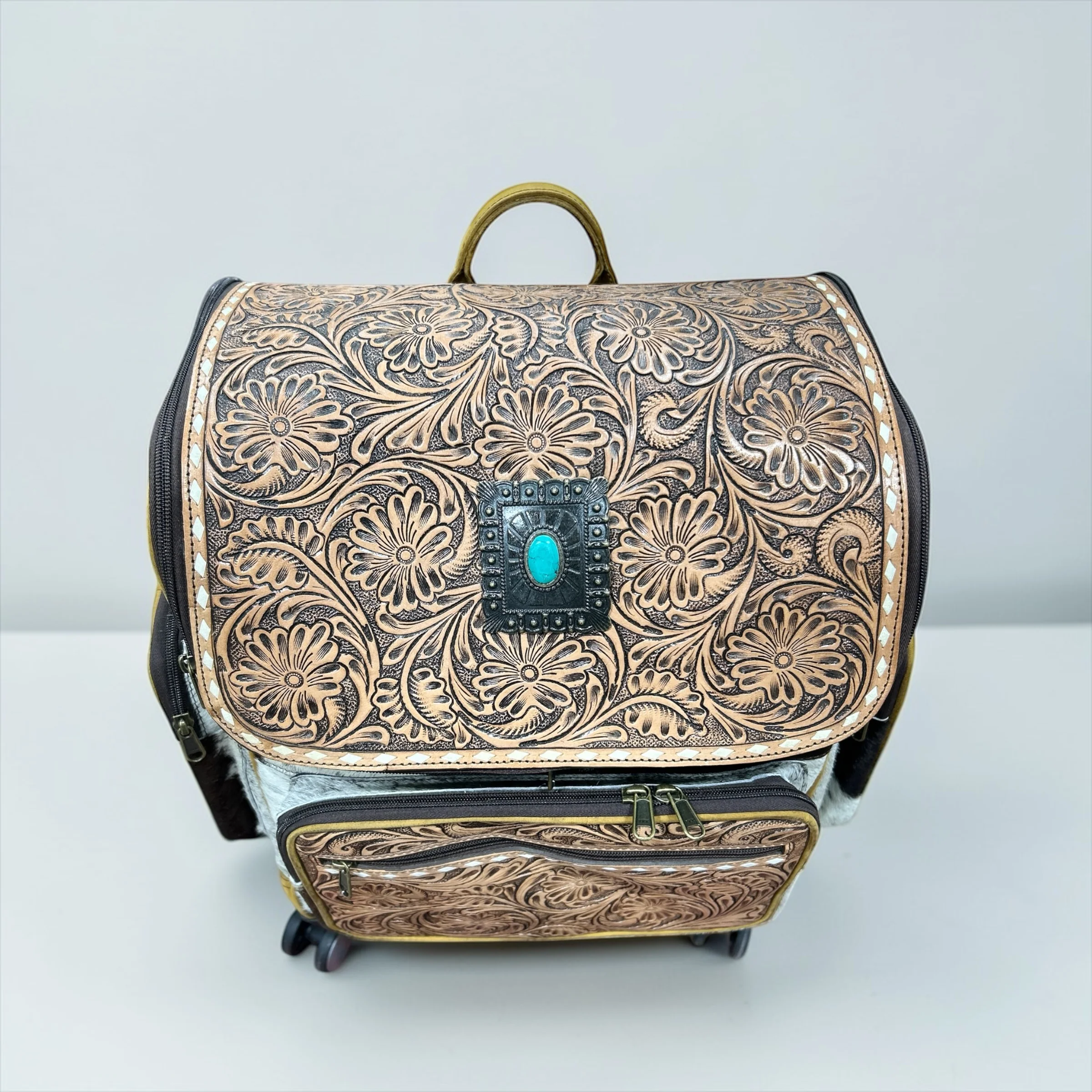 Floral Concho tooled leather & cowhide rolling backpack - Image 3