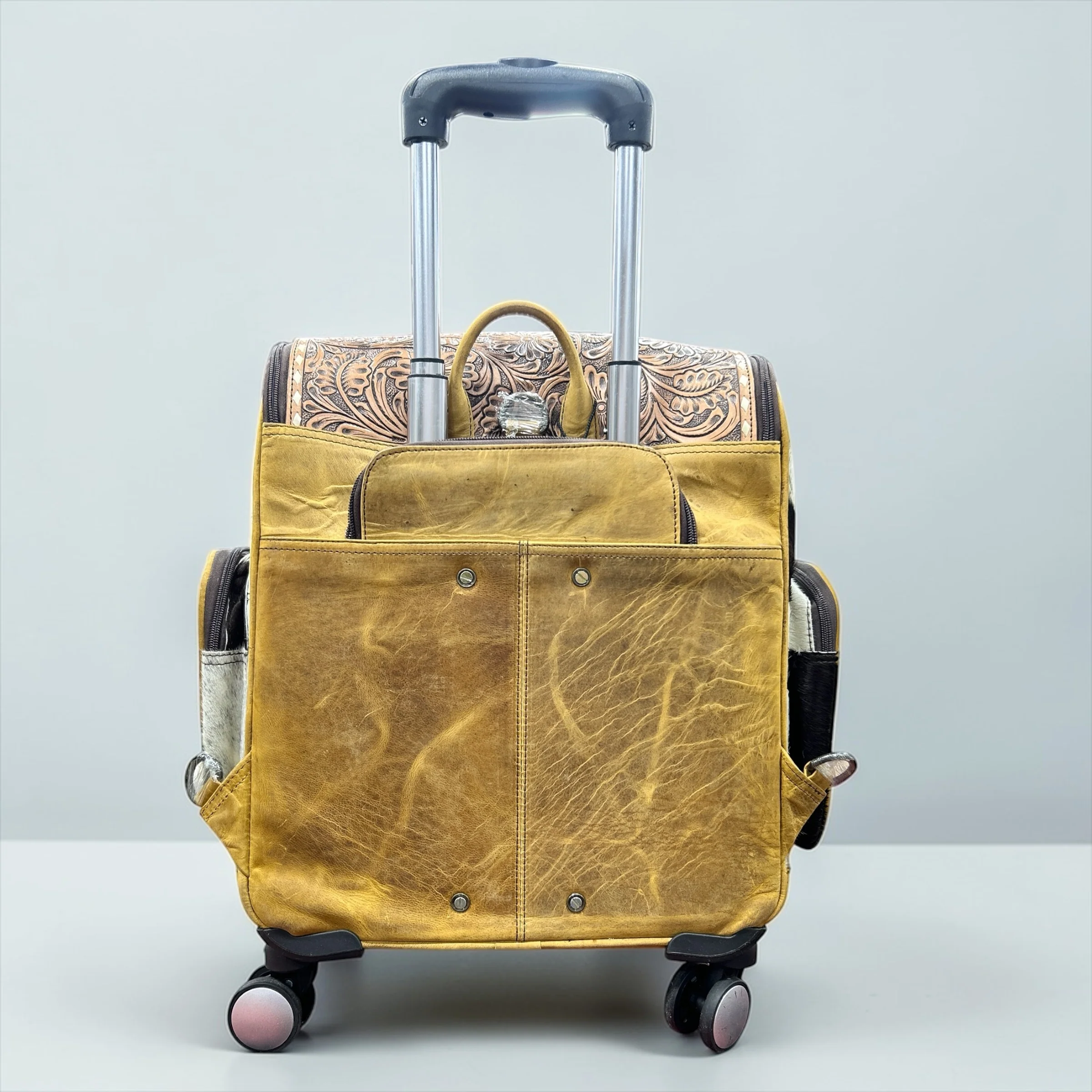 Floral Concho tooled leather & cowhide rolling backpack - Image 4