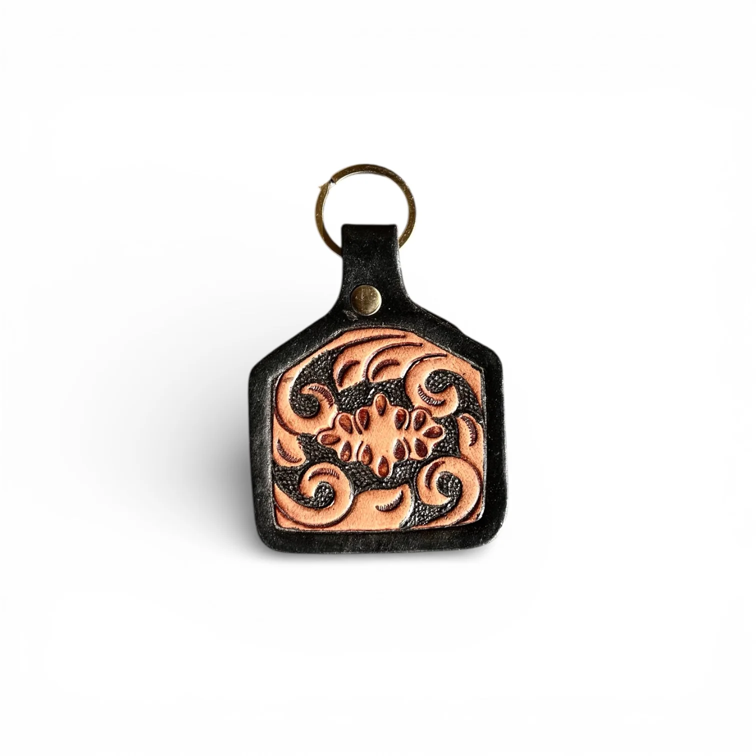 Floral tooled leather & cowhide keychain