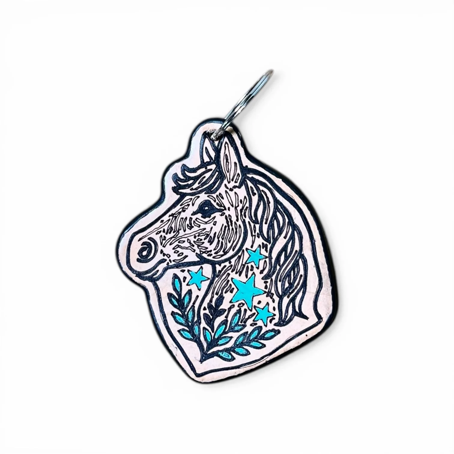Horse tooled leather & cowhide keychain