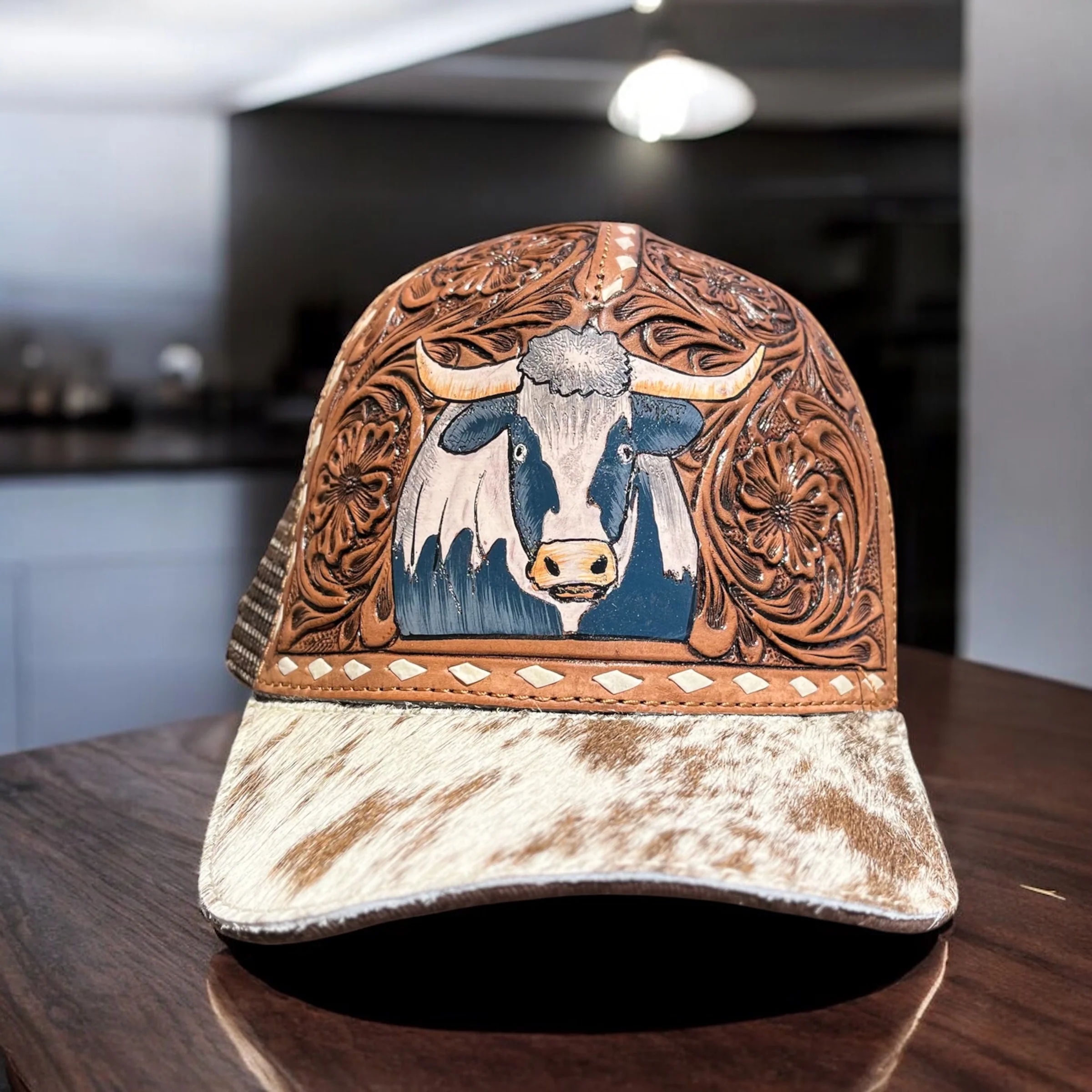 Lola tooled leather & cowhide cap