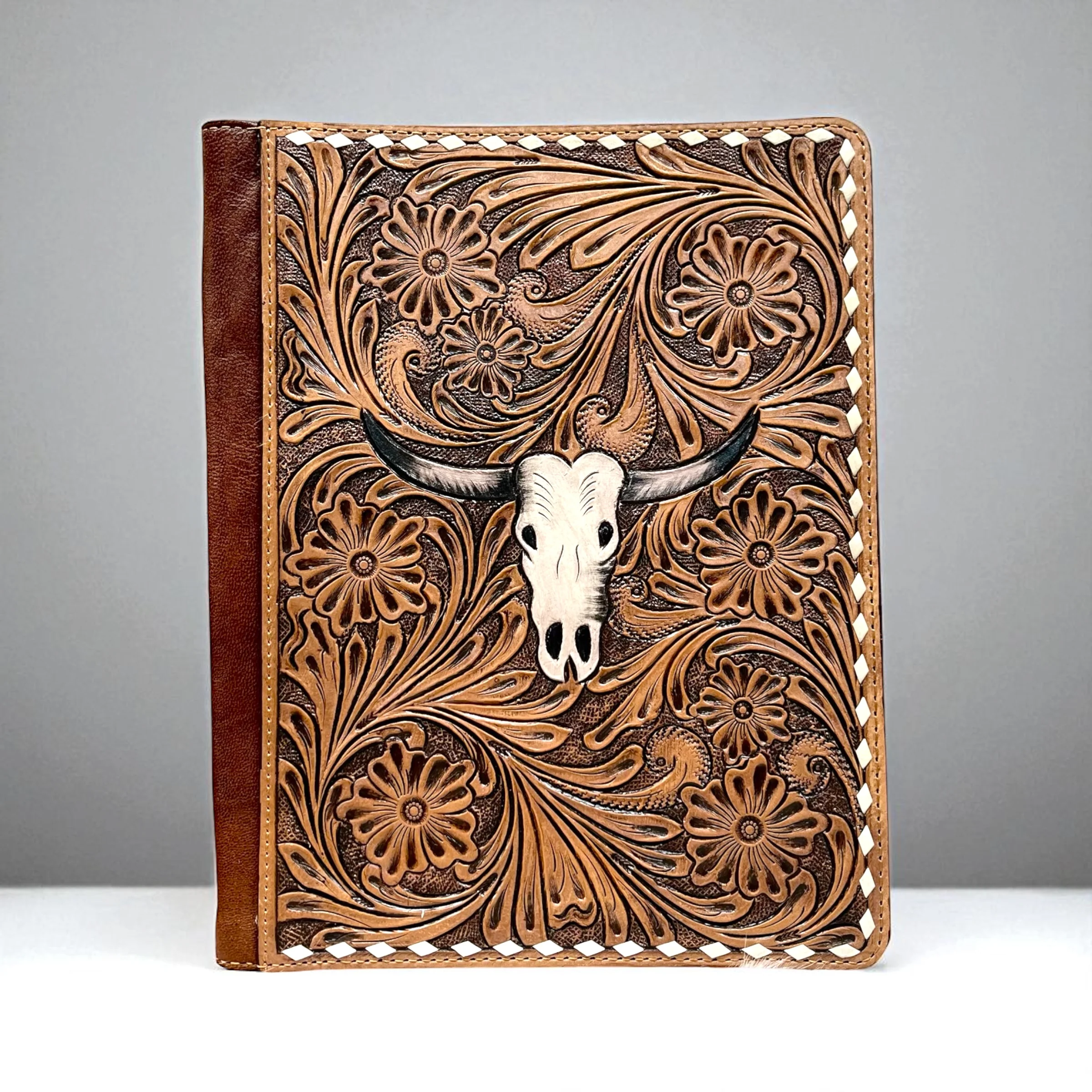 Longhorn tooled leather folder