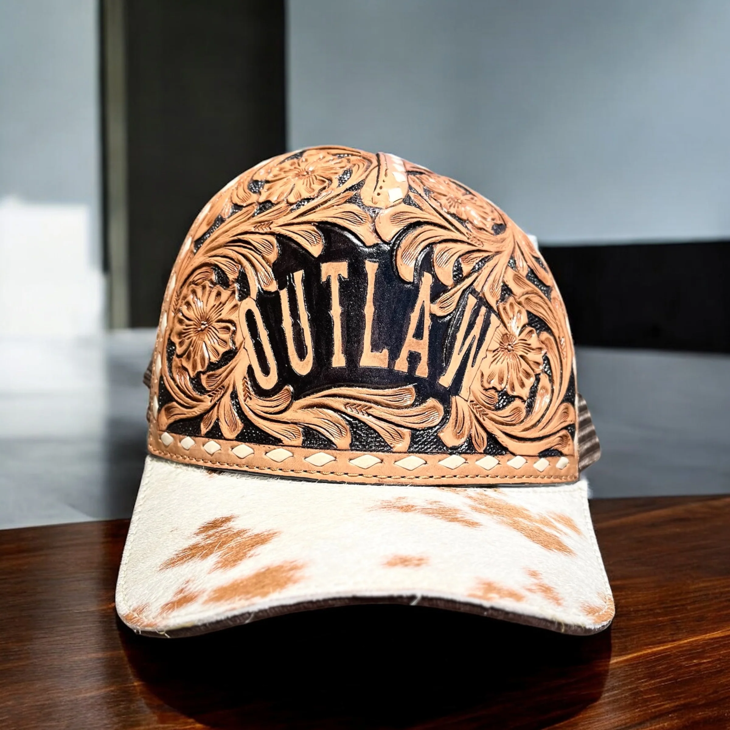 Outlaw tooled leather & cowhide cap