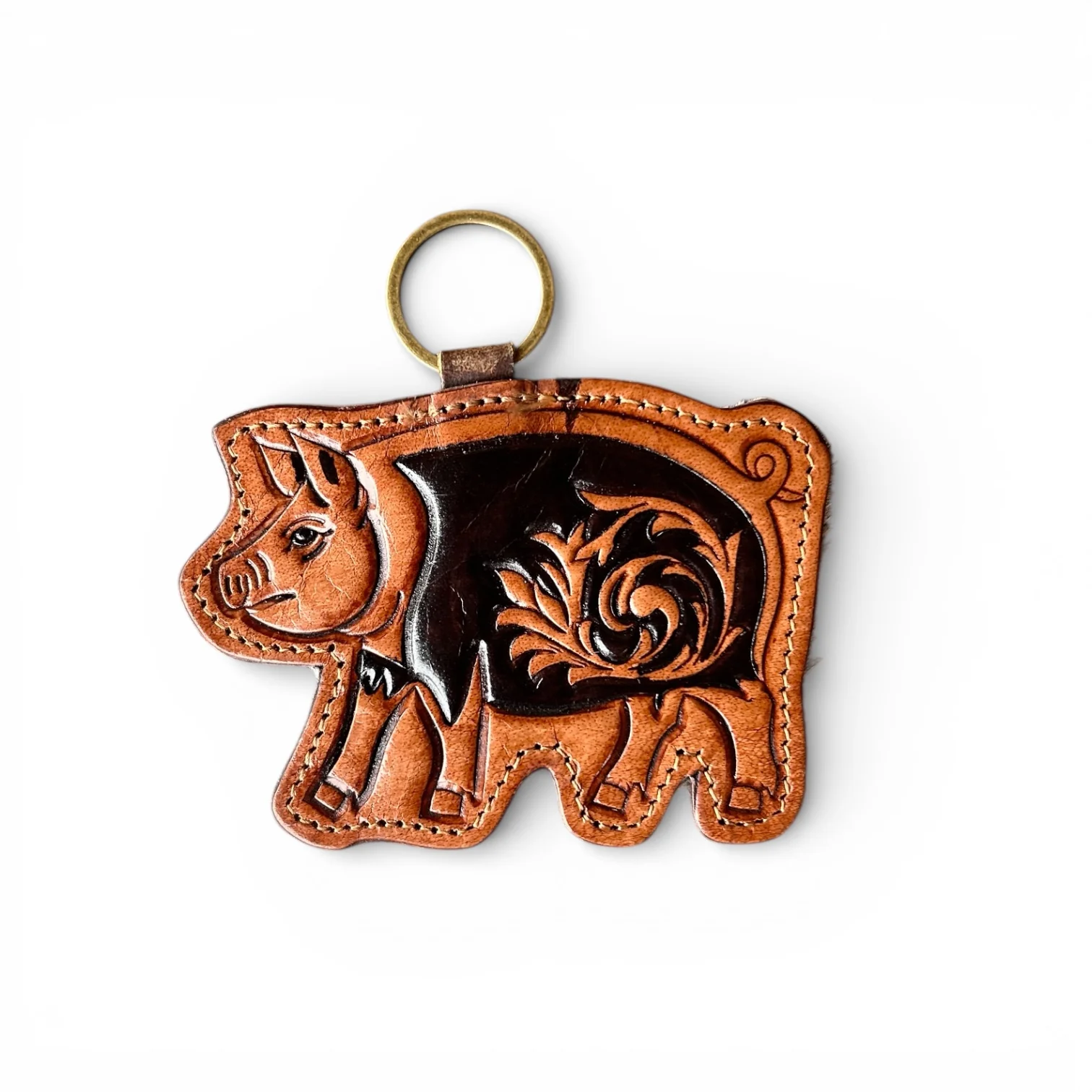 Pig tooled leather & cowhide keychain