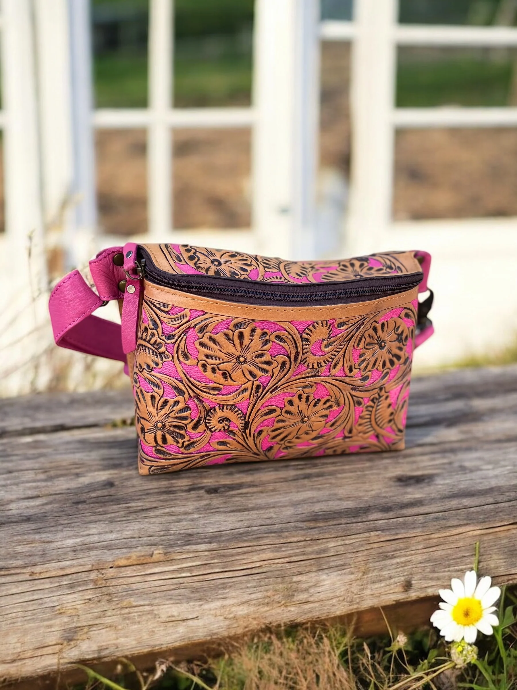 Pink All Tooled Leather Floral Sling Bag - Image 2
