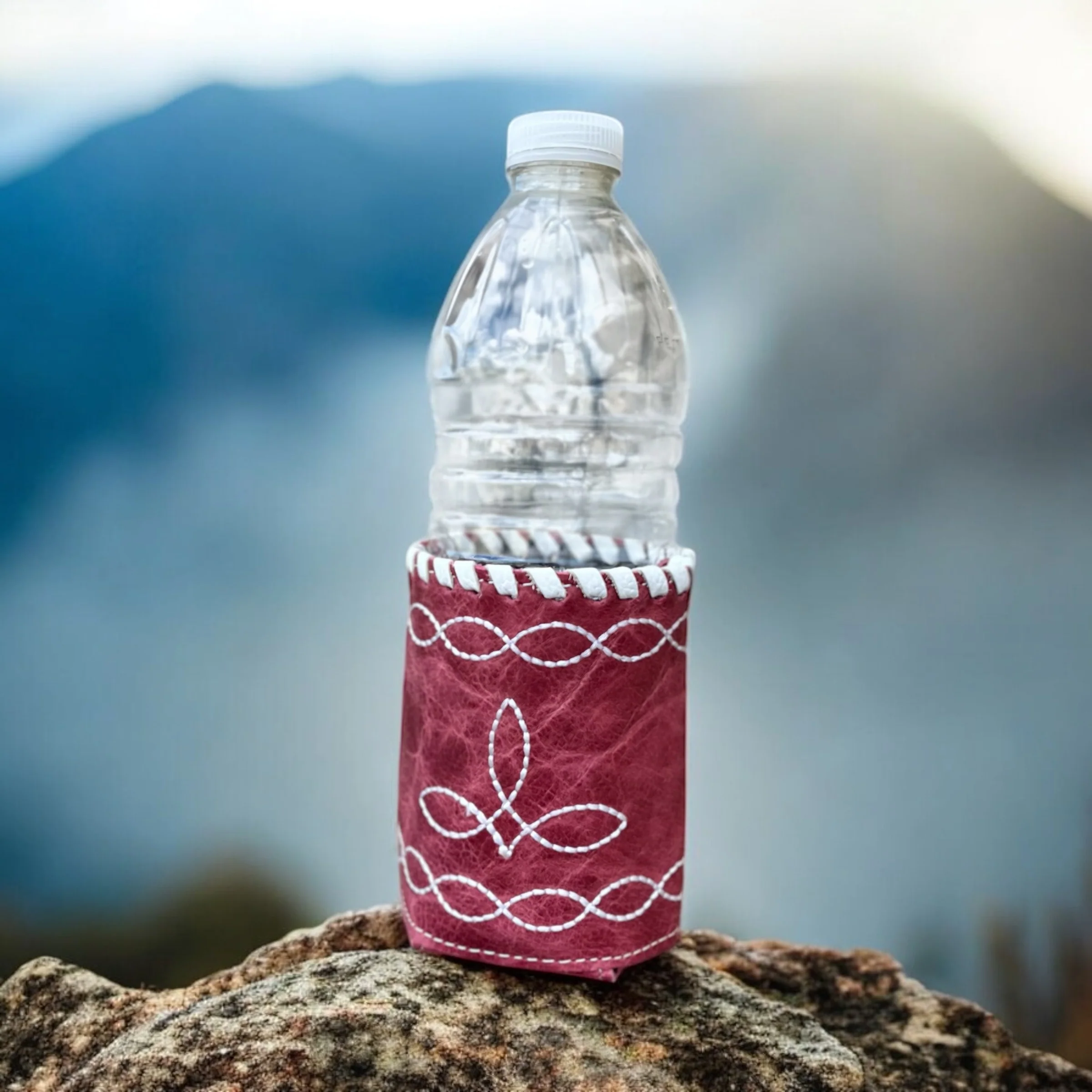 Pink leather BootStitch koozie