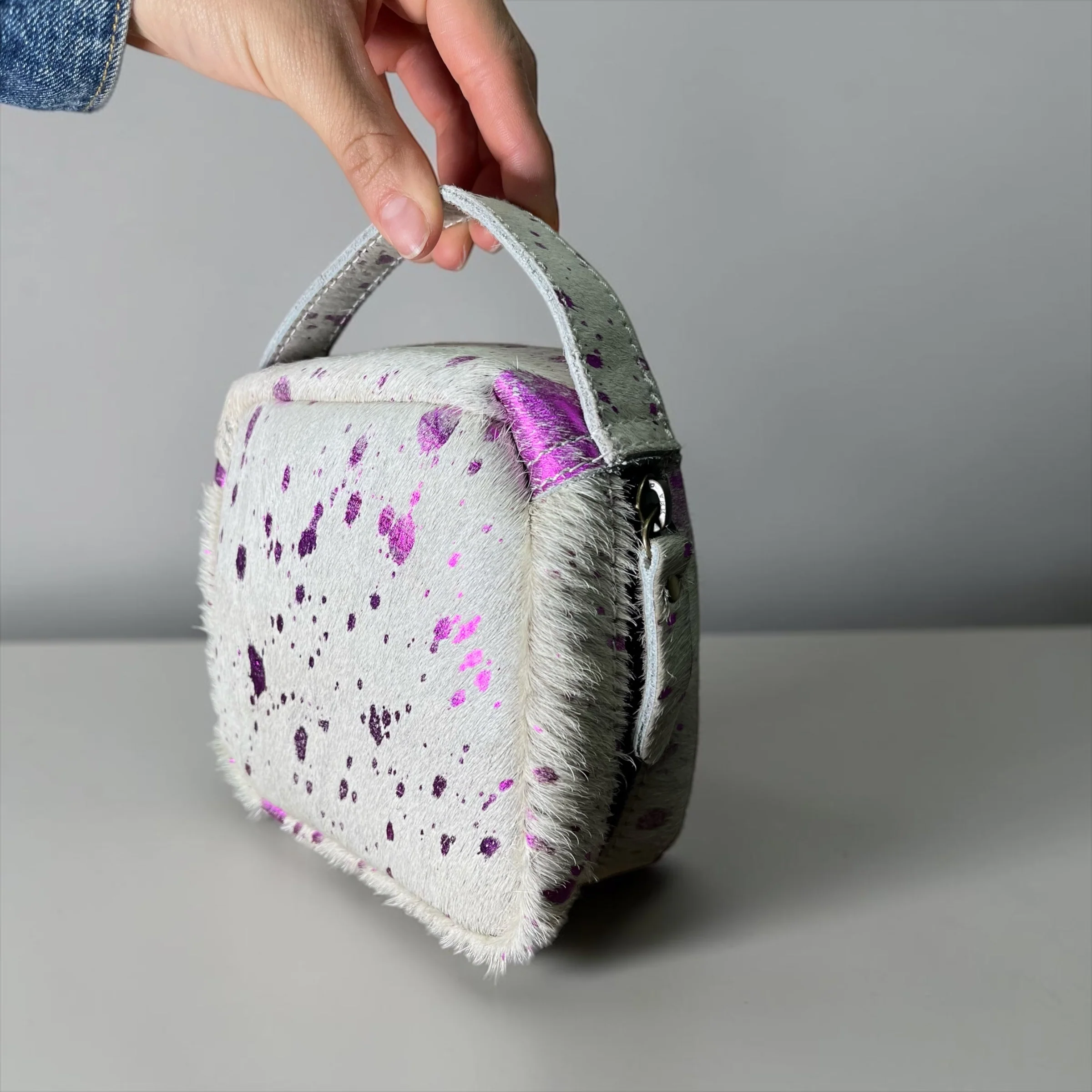 Purple acid wash cowhide makeup bag - Image 3