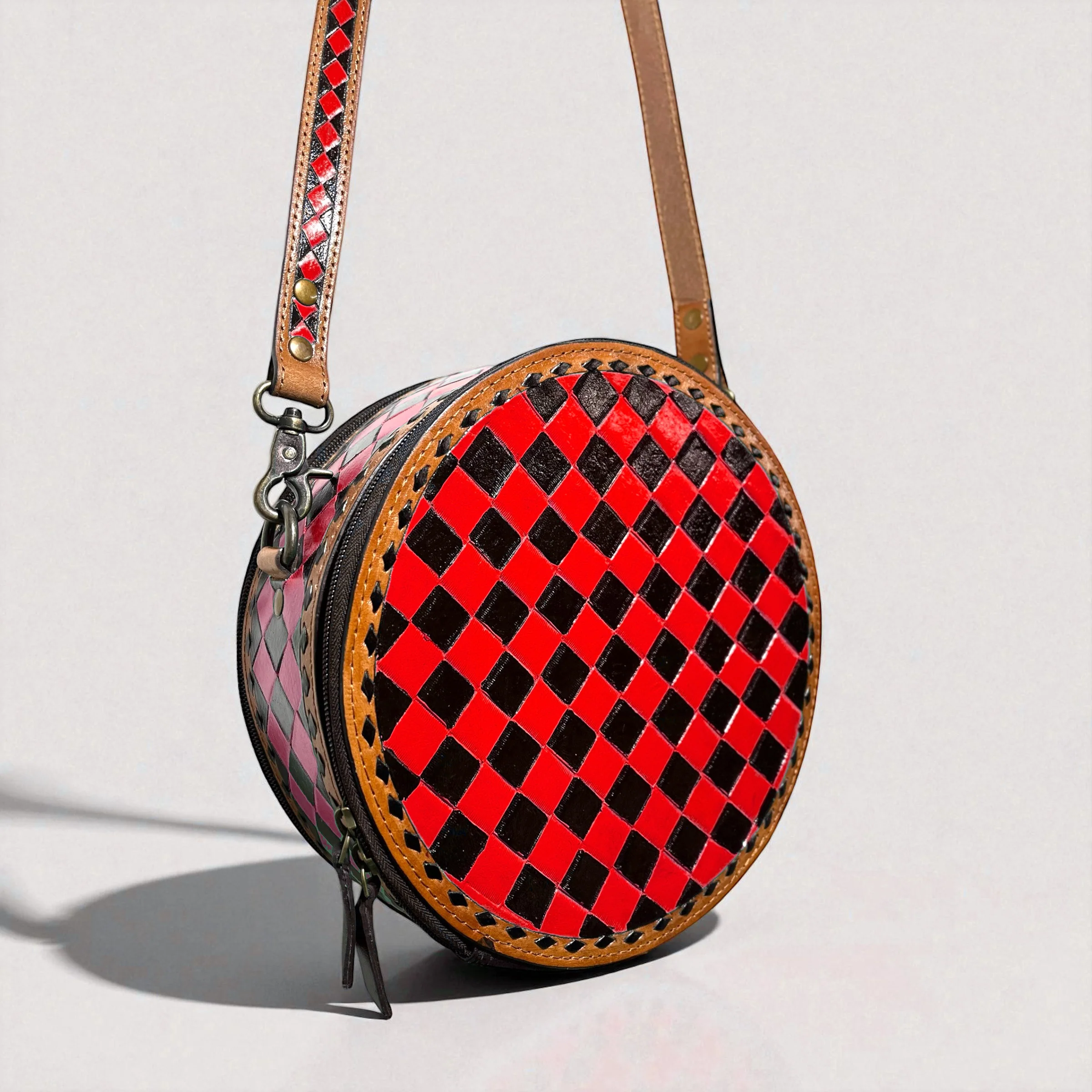 Red checkered tooled leather canteen bag - Image 2
