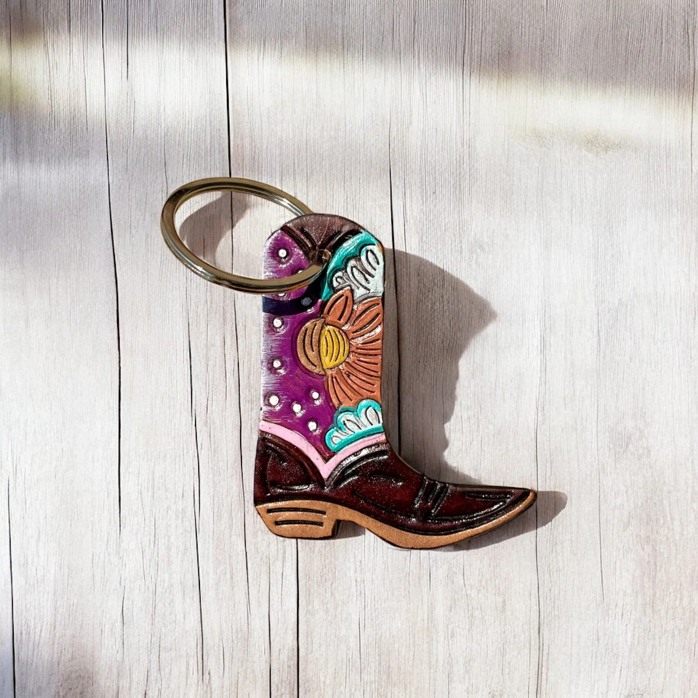 Sky tooled leather boot keychain