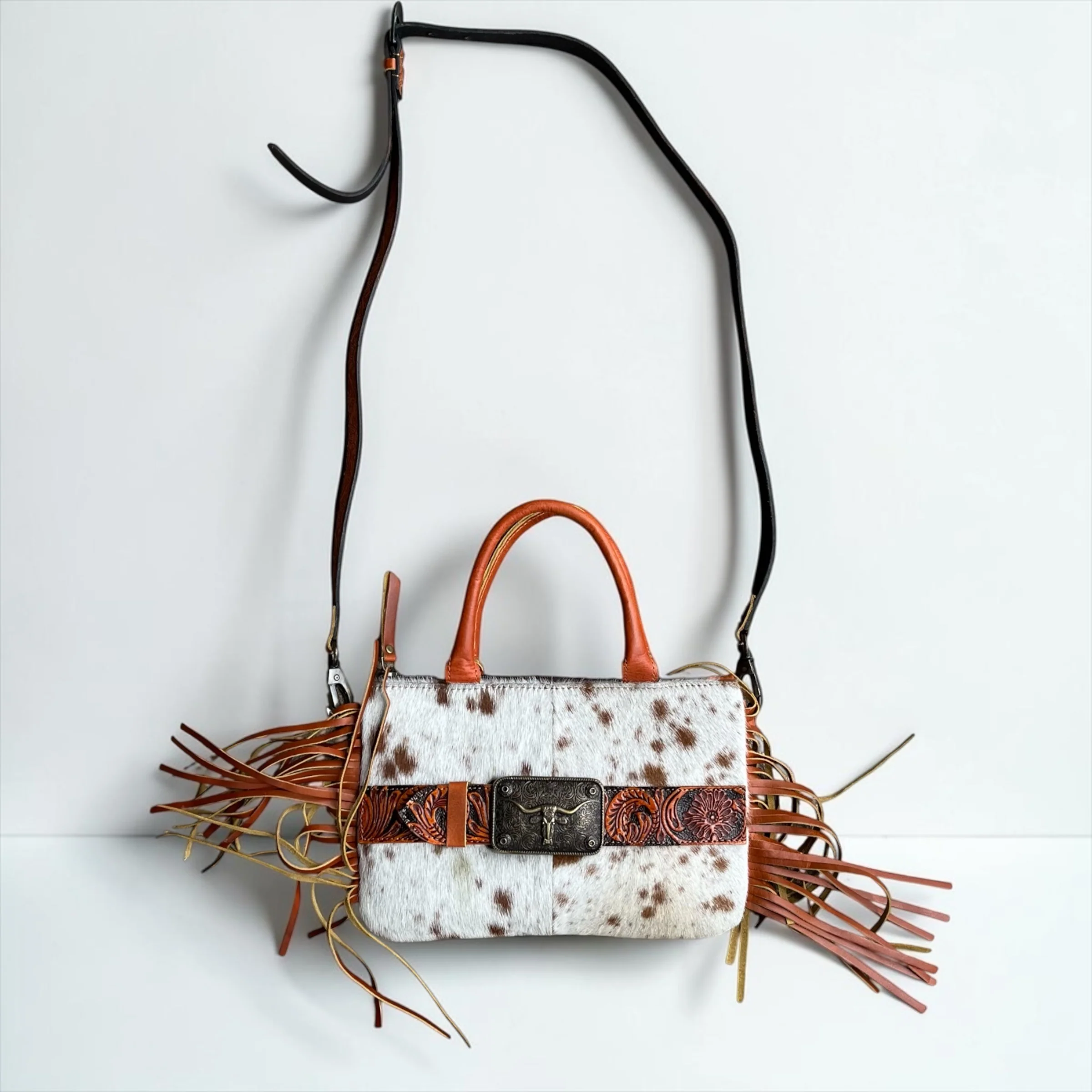 Tan buckle fringe crossbody bag