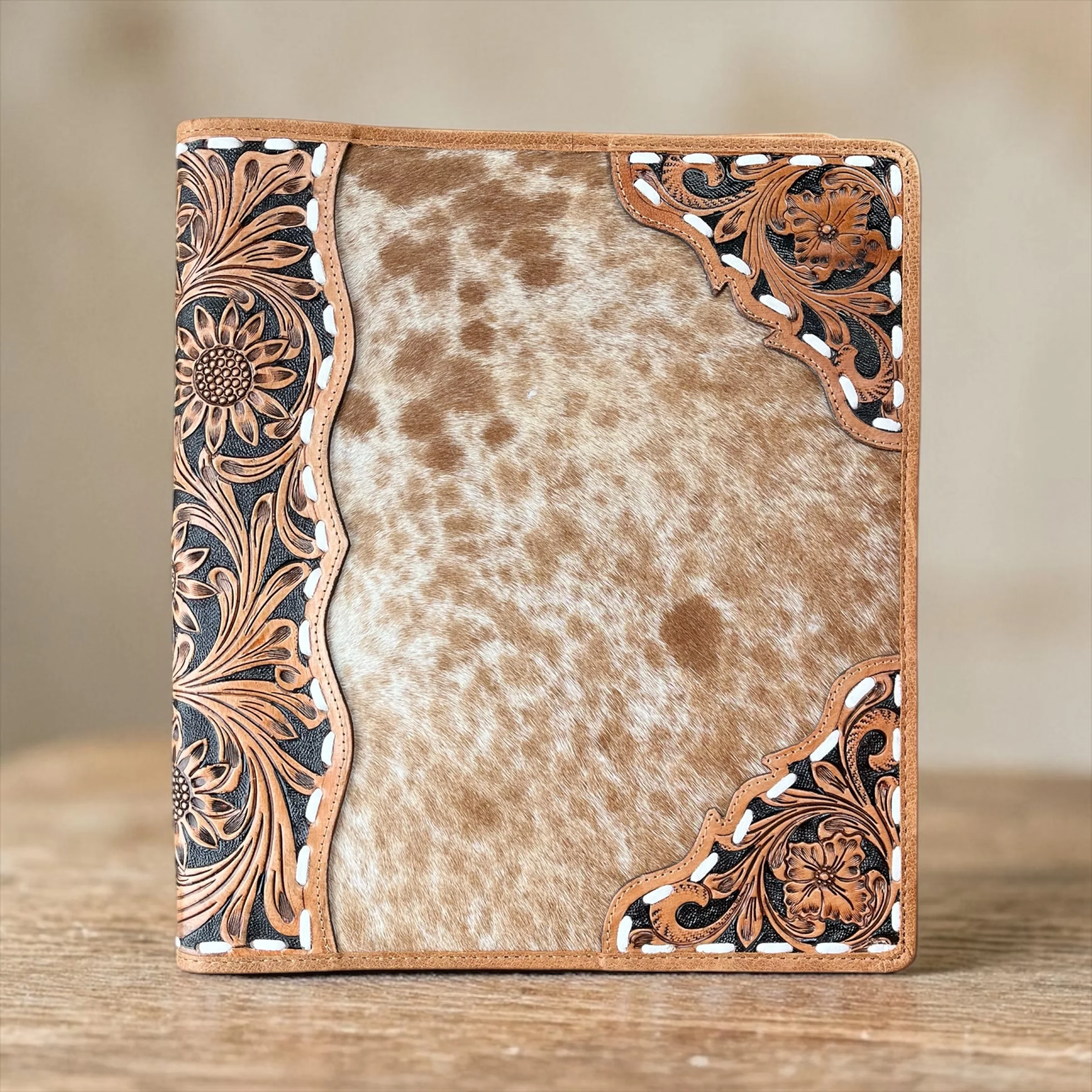Tan tooled leather & cowhide planner