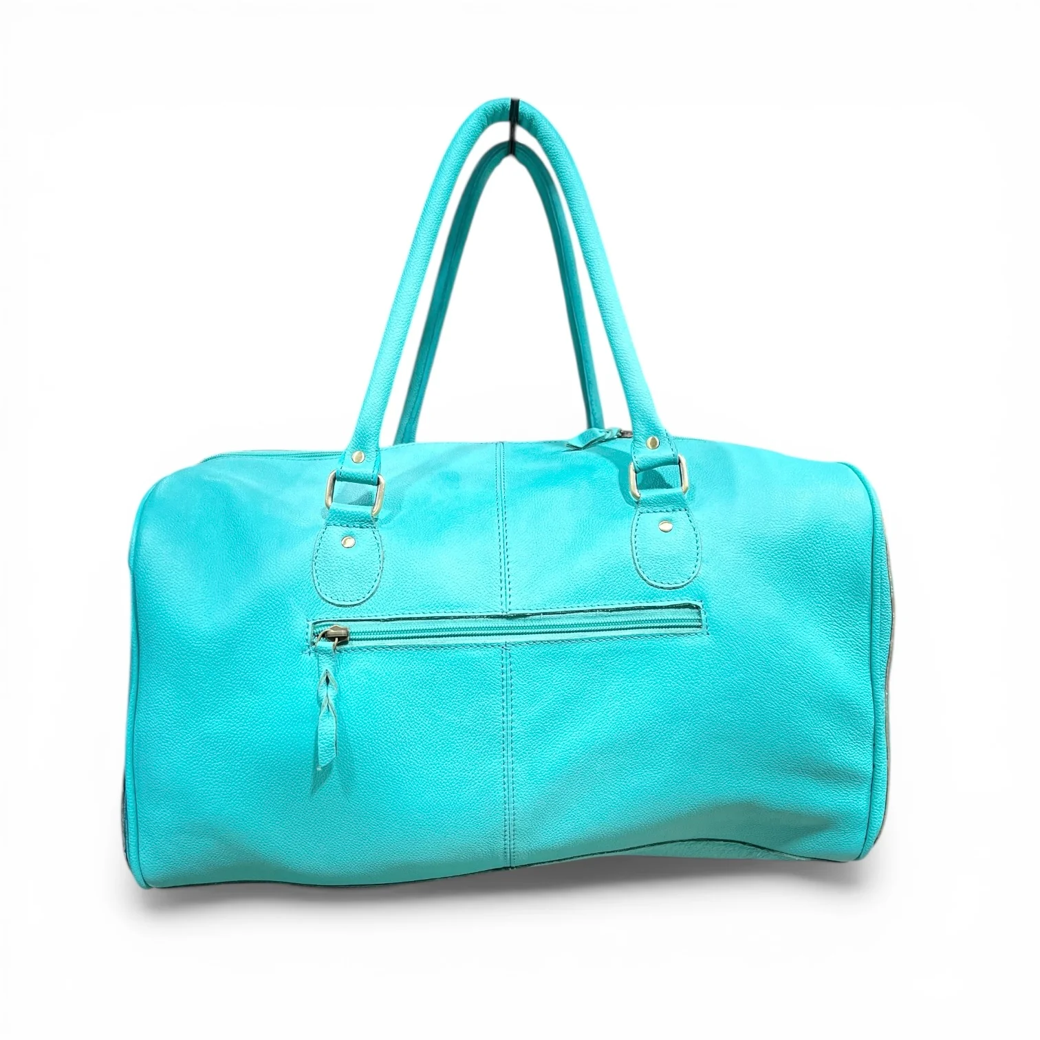 Turquoise checker cowhide & tooled leather fringe duffle bag - Image 3