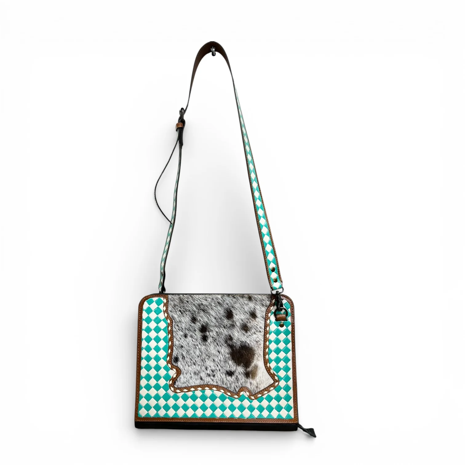 Turquoise checker tooled leather & cowhide portfolio - Image 2