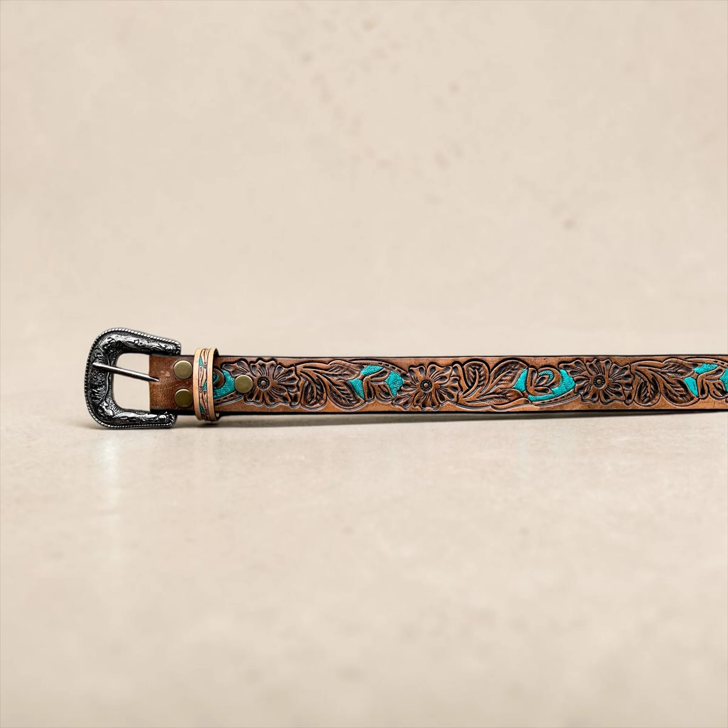 Turquoise desert tooled leather belt - Image 2
