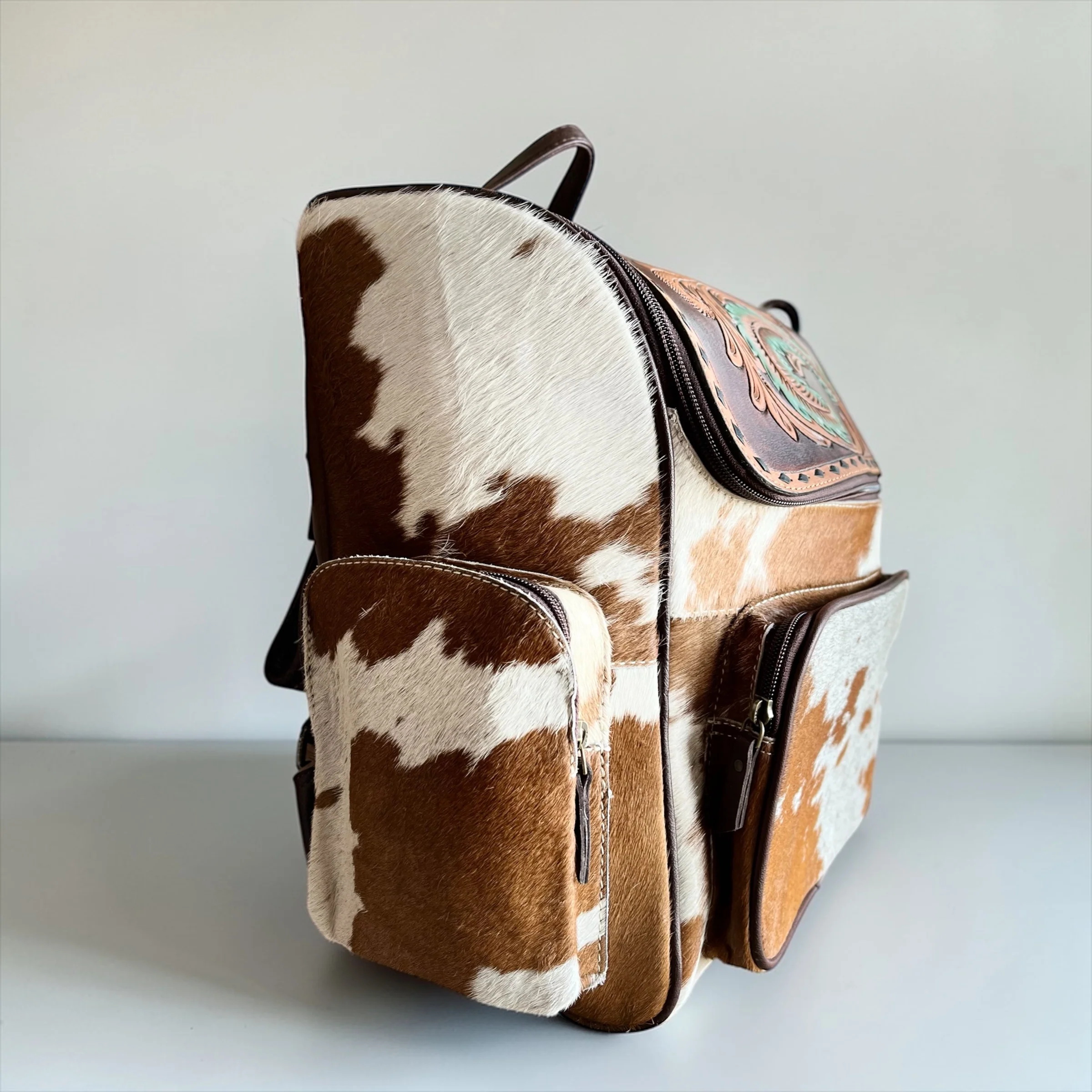Turquoise feathers tooled leather & cowhide backpack - Image 3