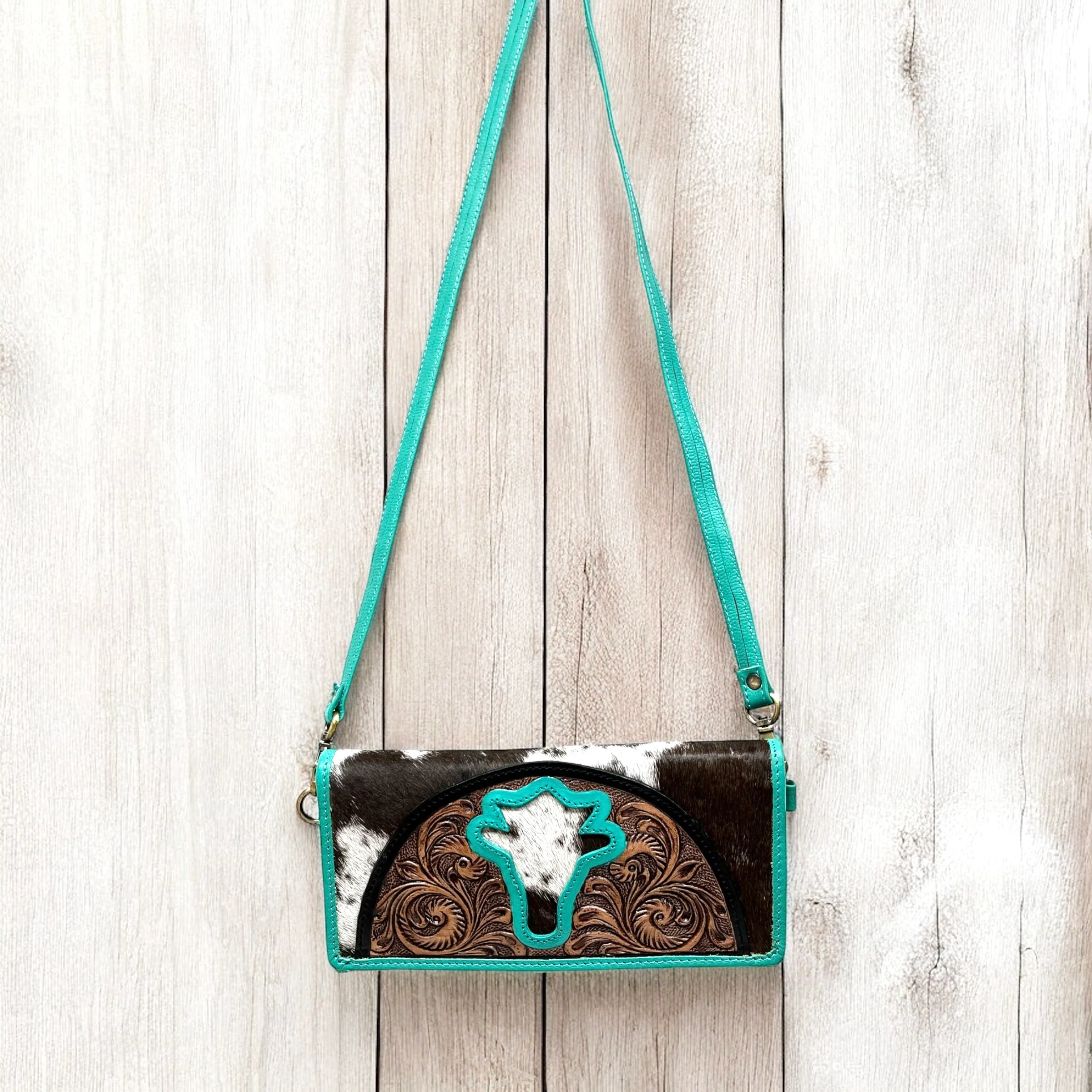 Turquoise tooled leather & cowhide crossbody wallet