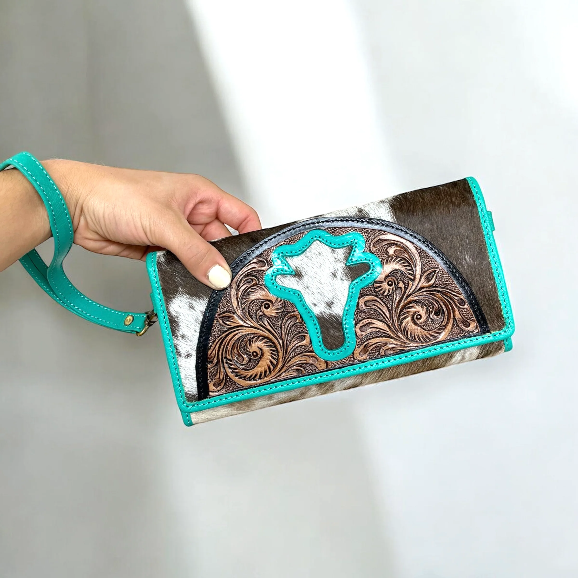 Turquoise tooled leather & cowhide crossbody wallet - Image 2