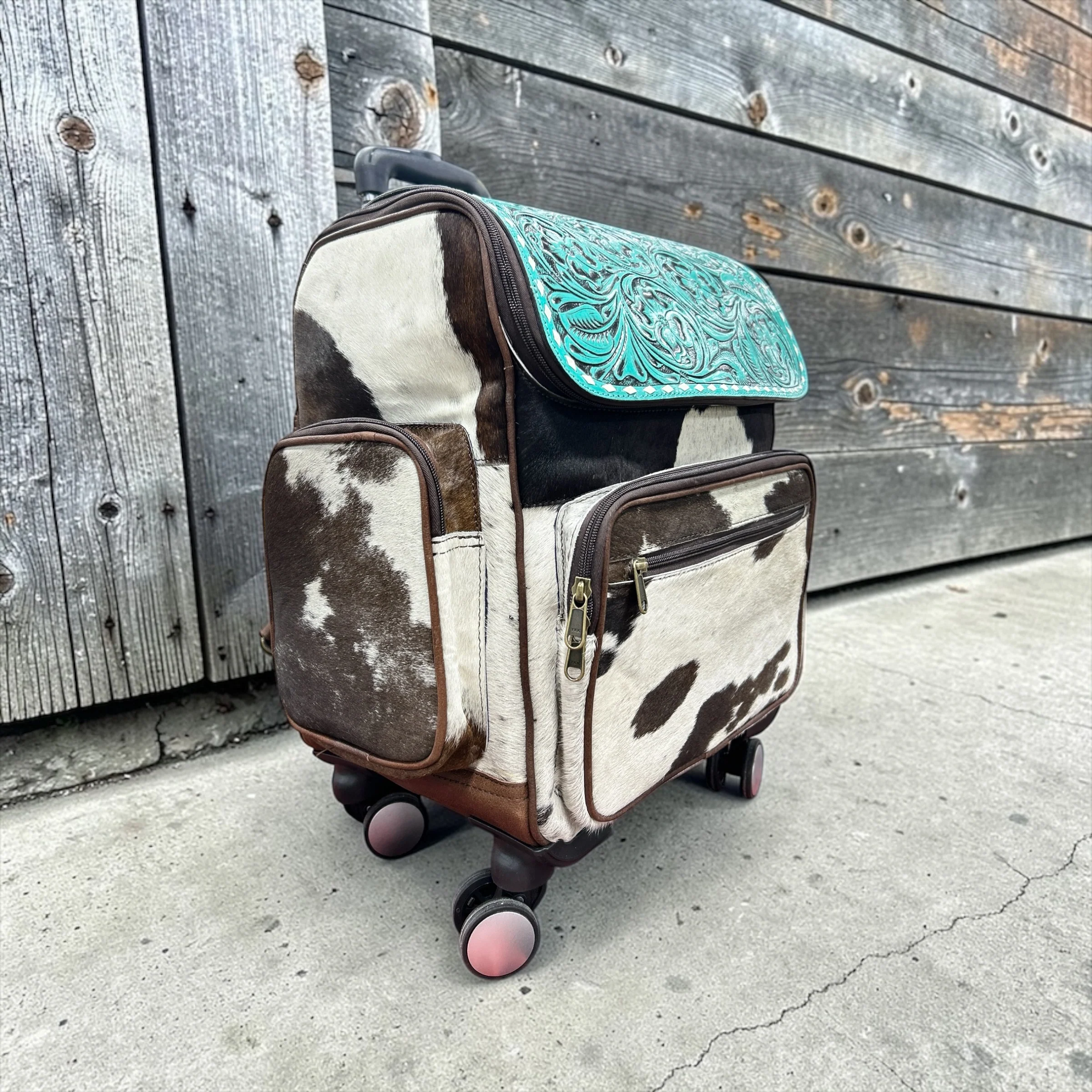 Turquoise tooled leather & cowhide rolling backpack - Image 2