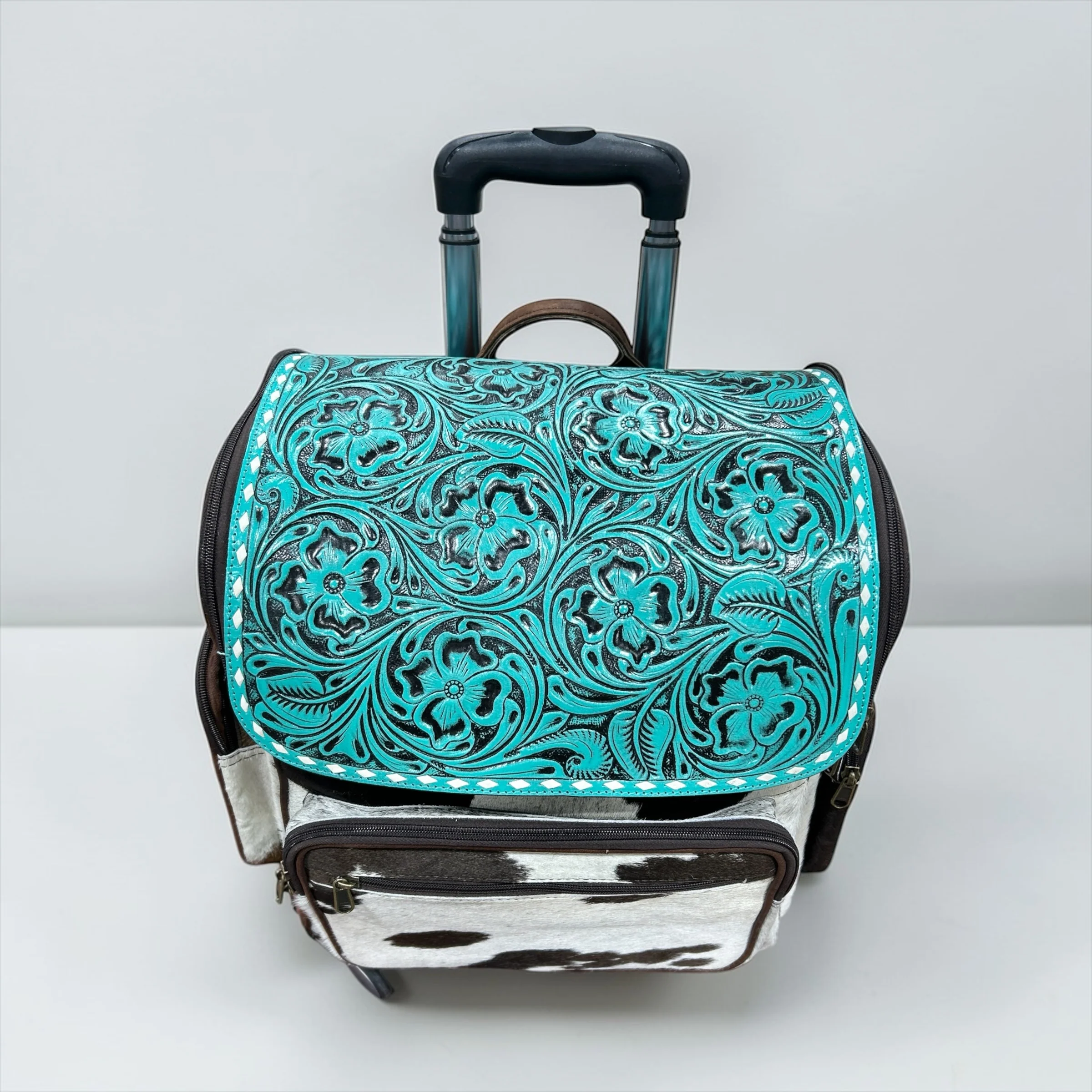 Turquoise tooled leather & cowhide rolling backpack - Image 4